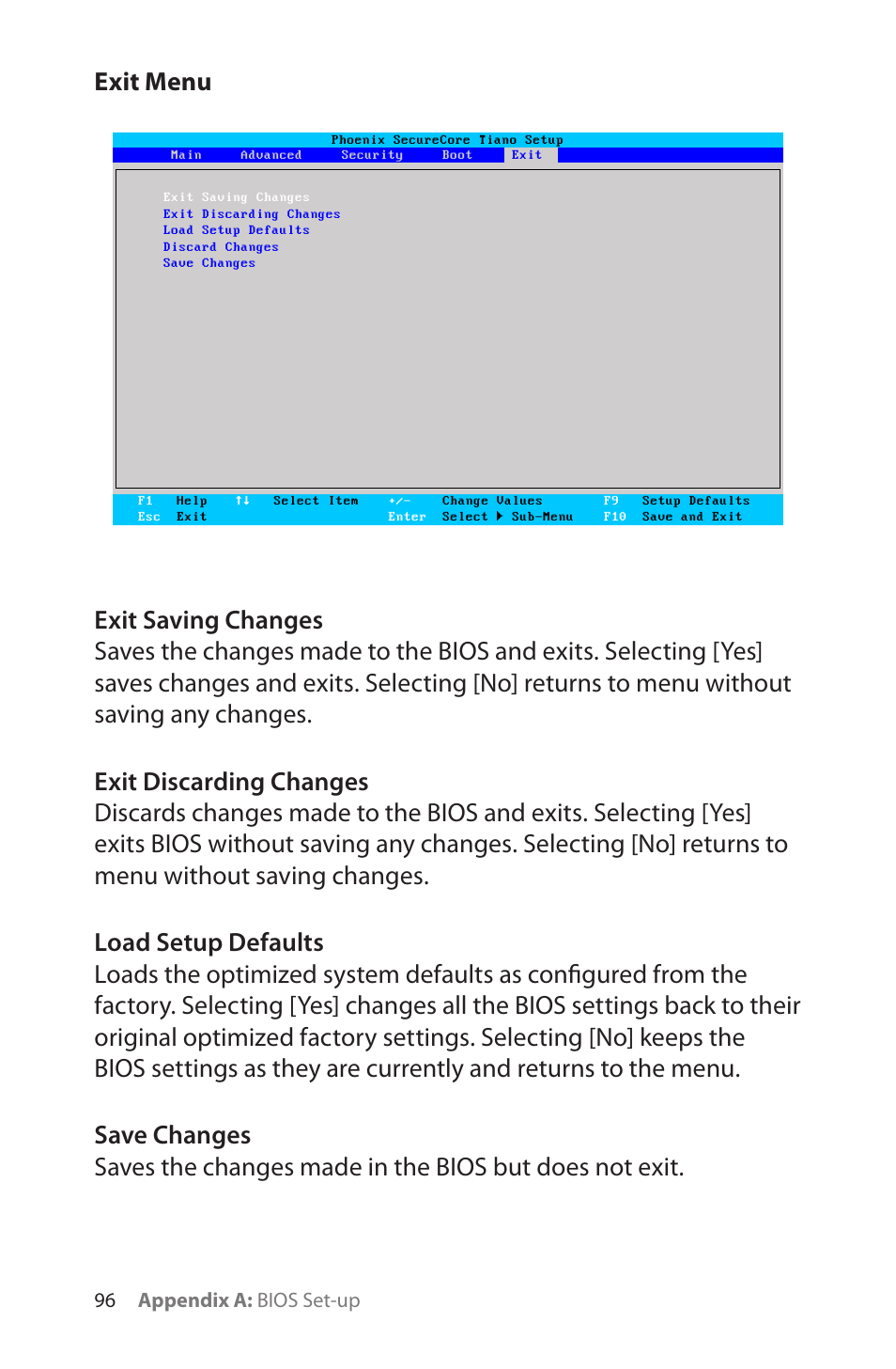 Exit menu, Exit saving changes, Exit discarding changes | Load setup defaults, Save changes | TabletKiosk eo a7400 User Manual | Page 114 / 128