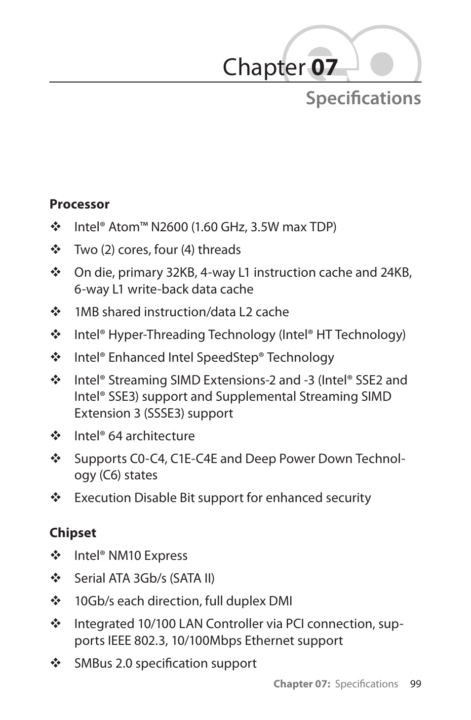 Specifications, Processor, Chipset | Specifications 99, Processor 99 chipset 99, Chapter 07 | TabletKiosk eo a7400 User Manual | Page 117 / 128