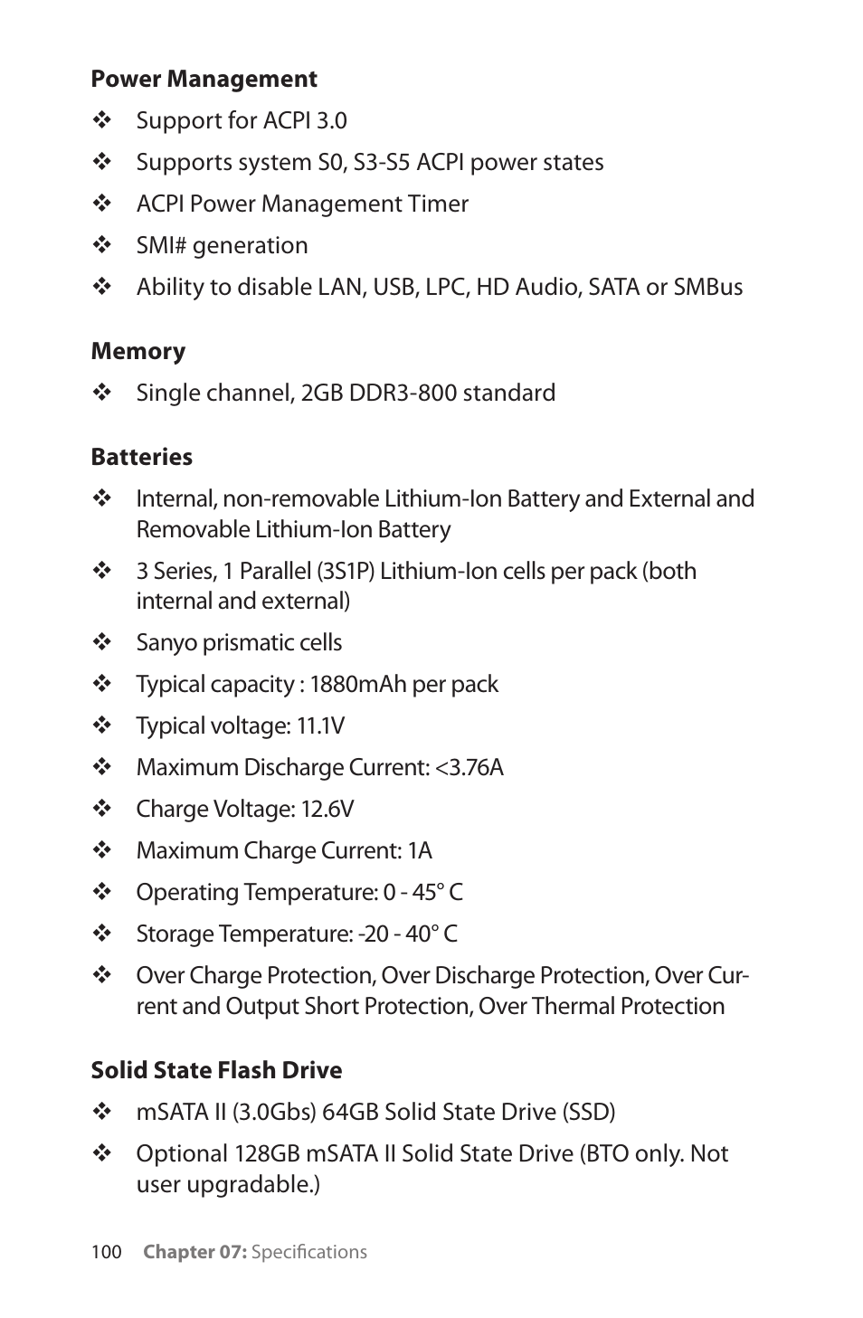 Power management, Memory, Batteries | Solid state flash drive, Memory 100 batteries 100 solid state flash drive | TabletKiosk eo a7400 User Manual | Page 118 / 128