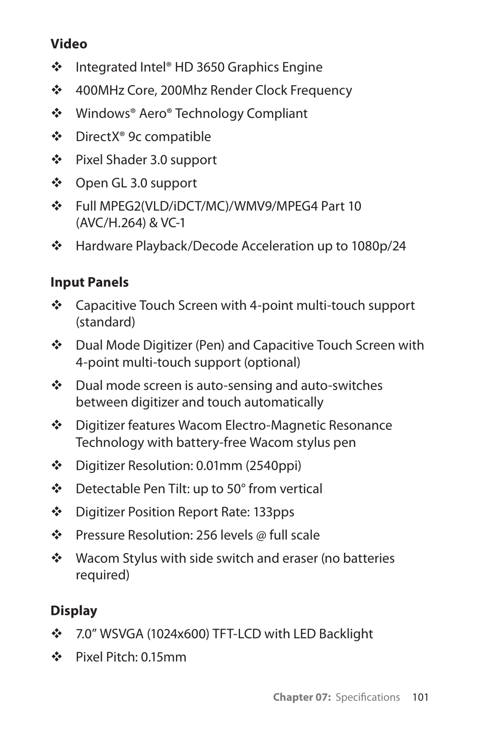 Video, Input panels, Display | Video 101 input panels, Display 101 | TabletKiosk eo a7400 User Manual | Page 119 / 128