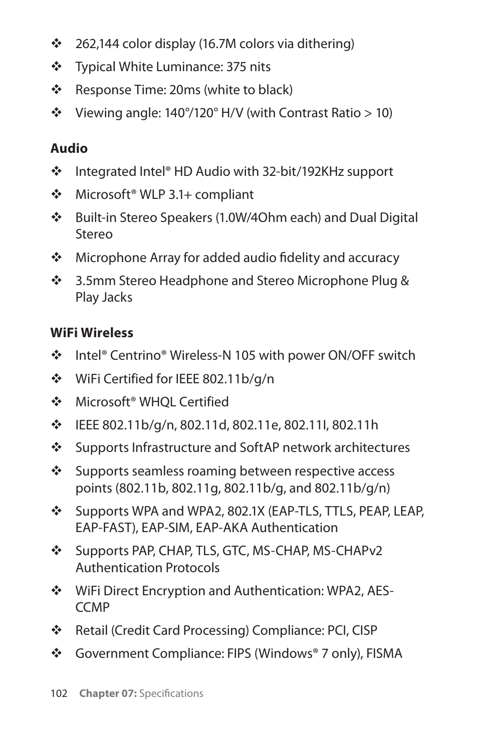 Audio, Wifi wireless, Audio 102 wifi wireless | TabletKiosk eo a7400 User Manual | Page 120 / 128