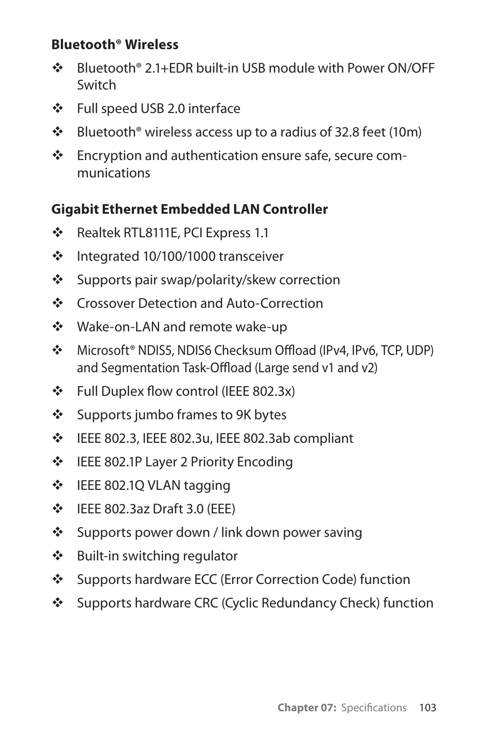 Bluetooth® wireless, Gigabit ethernet embedded lan controller | TabletKiosk eo a7400 User Manual | Page 121 / 128