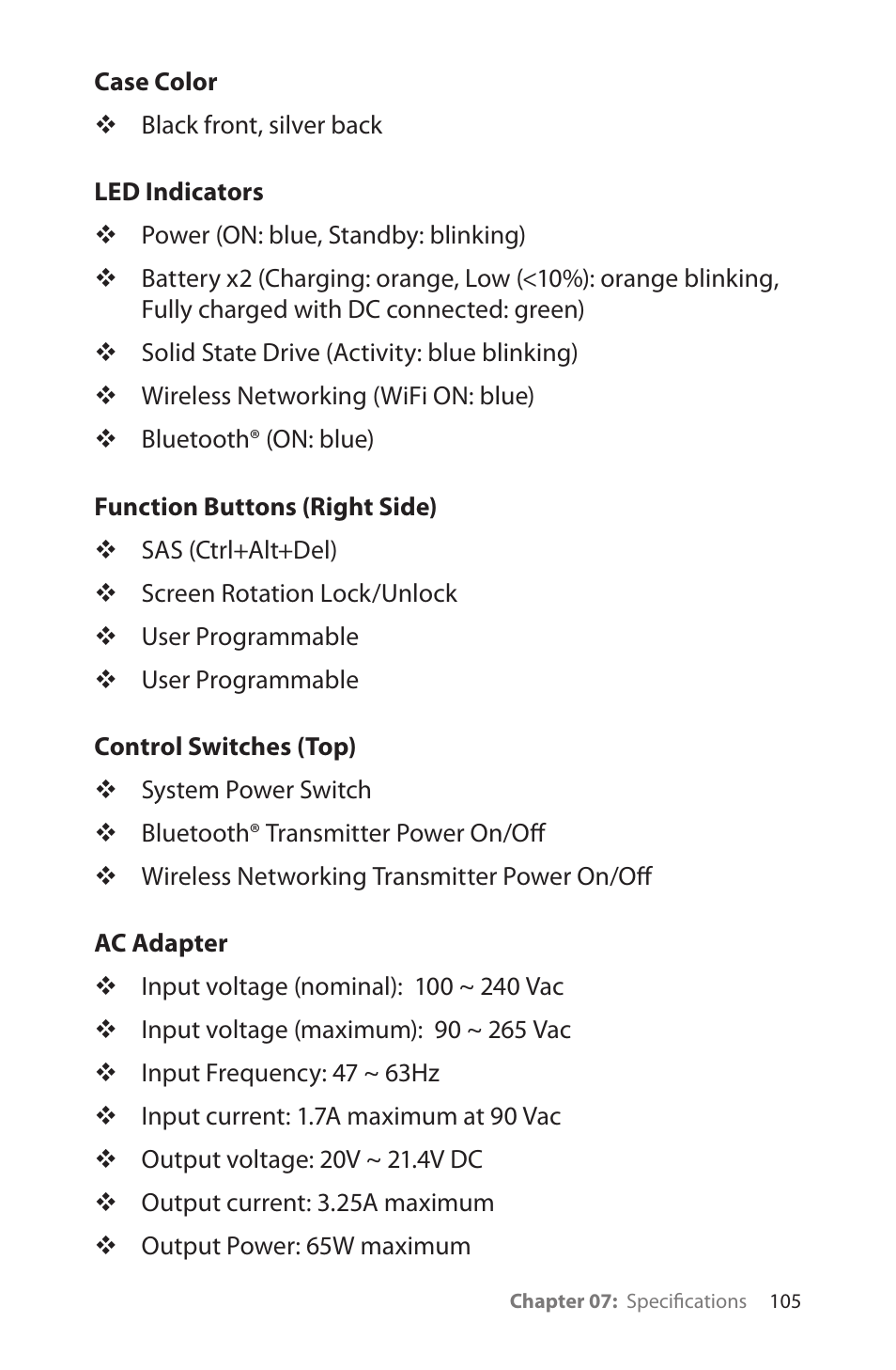 Case color, Led indicators, Function buttons (right side) | Control switches (top), Ac adapter | TabletKiosk eo a7400 User Manual | Page 123 / 128