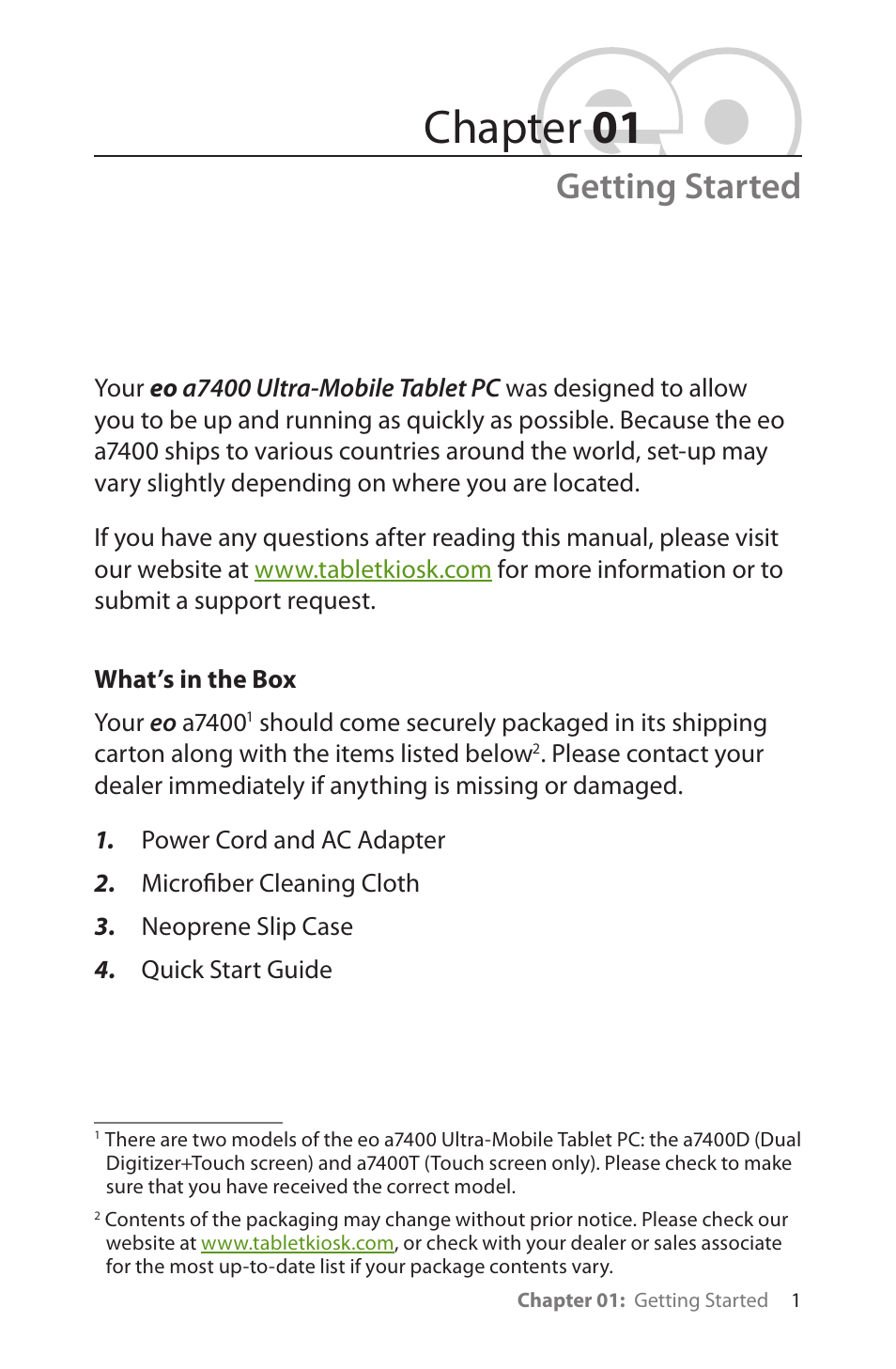 Getting started, What’s in the box, Chapter 01 | TabletKiosk eo a7400 User Manual | Page 19 / 128
