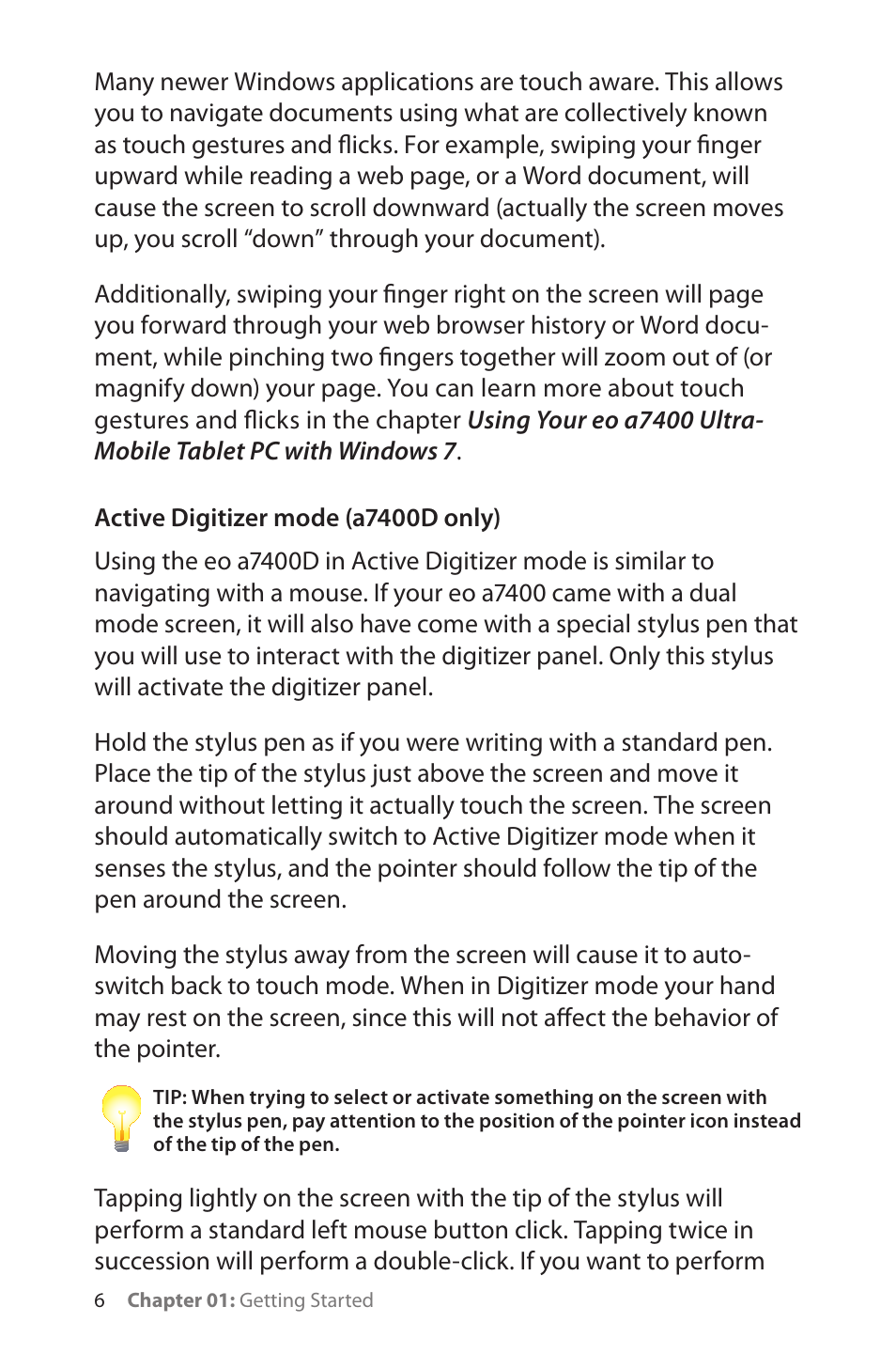 Active digitizer mode (a7400d only) | TabletKiosk eo a7400 User Manual | Page 24 / 128