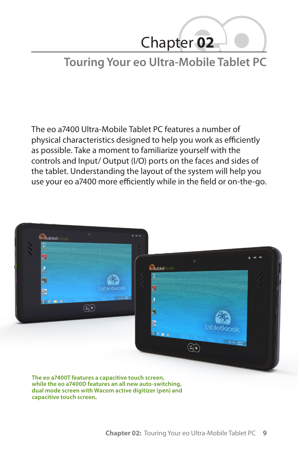 Touring your eo ultra-mobile tablet pc, Chapter 02 | TabletKiosk eo a7400 User Manual | Page 27 / 128