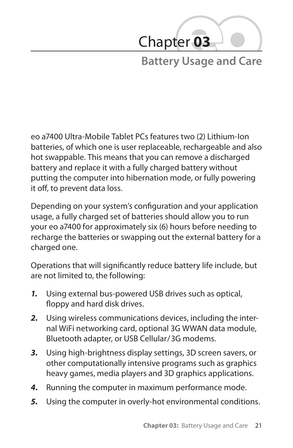 Chapter 03, Battery usage and care | TabletKiosk eo a7400 User Manual | Page 39 / 128