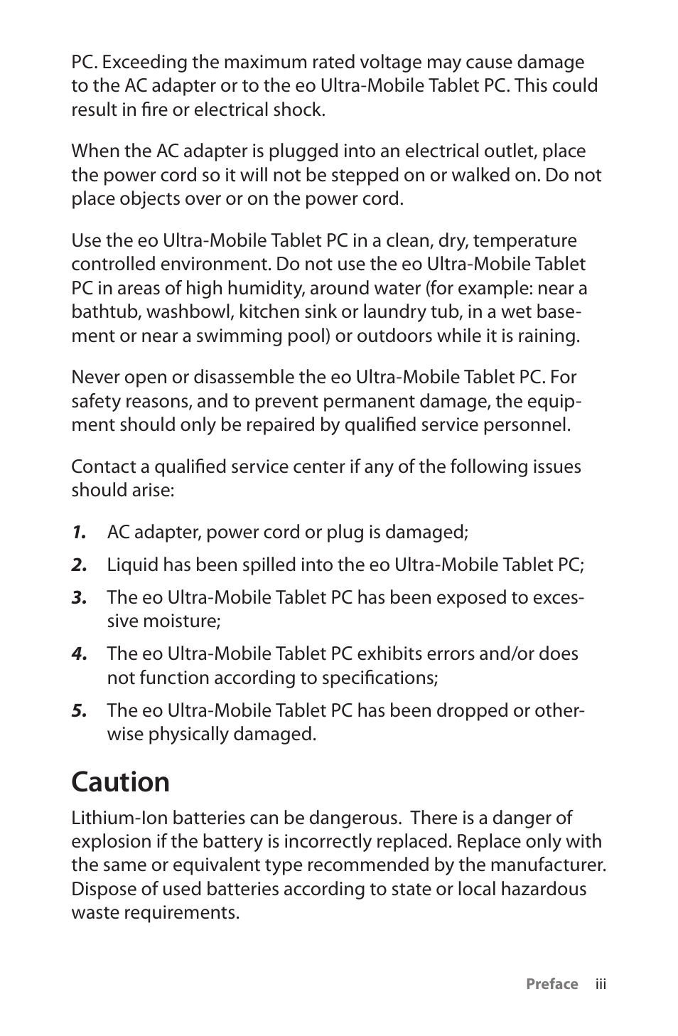 Caution | TabletKiosk eo a7400 User Manual | Page 5 / 128