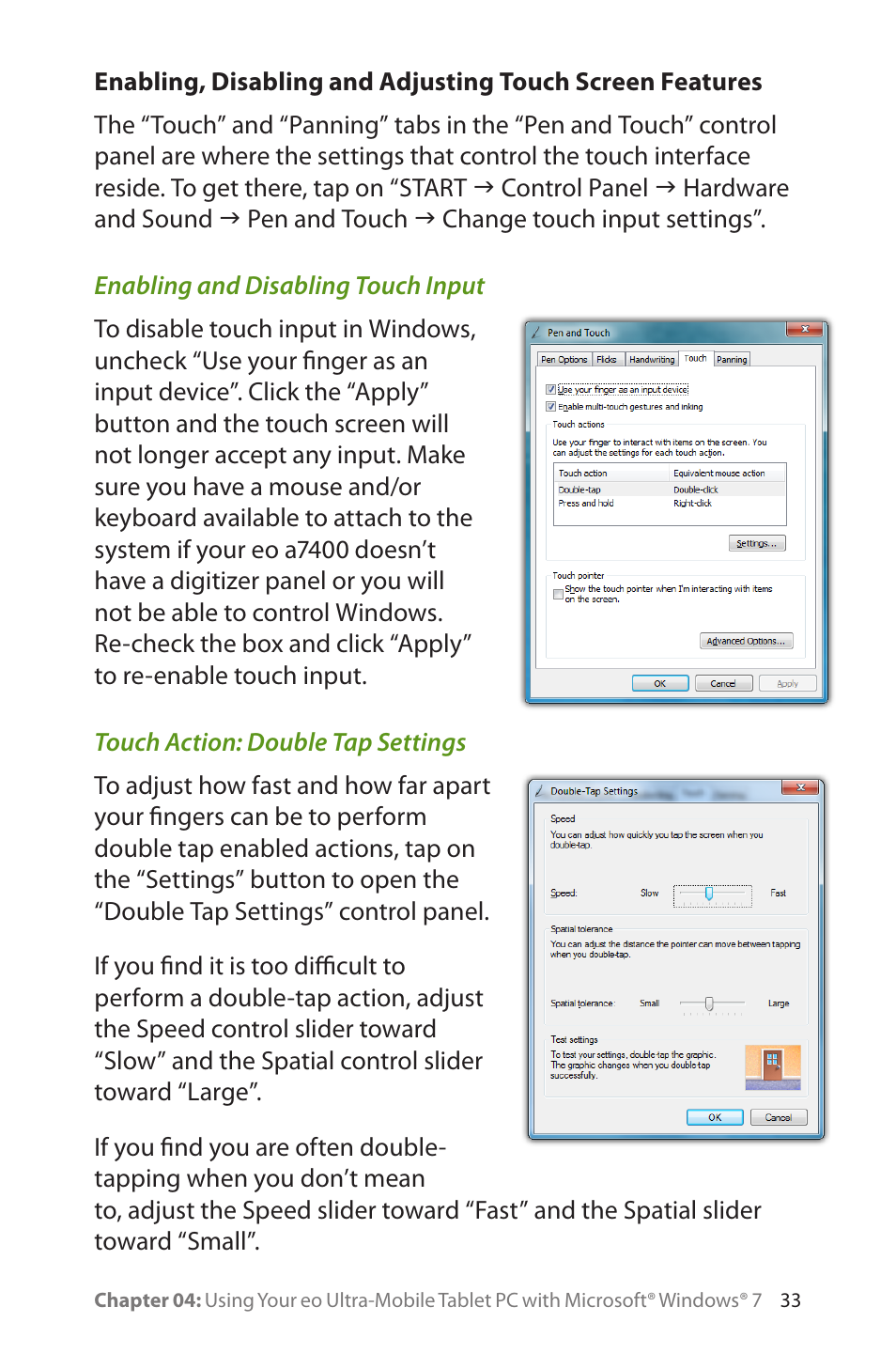 Enabling and disabling touch input, Touch action: double tap settings | TabletKiosk eo a7400 User Manual | Page 51 / 128