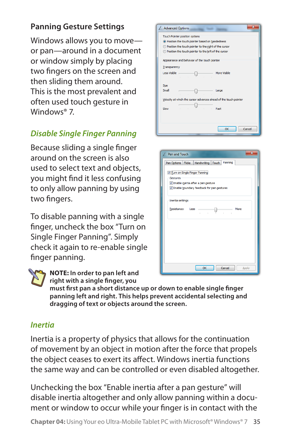 Panning gesture settings, Disable single finger panning, Inertia | Inertia 35 | TabletKiosk eo a7400 User Manual | Page 53 / 128