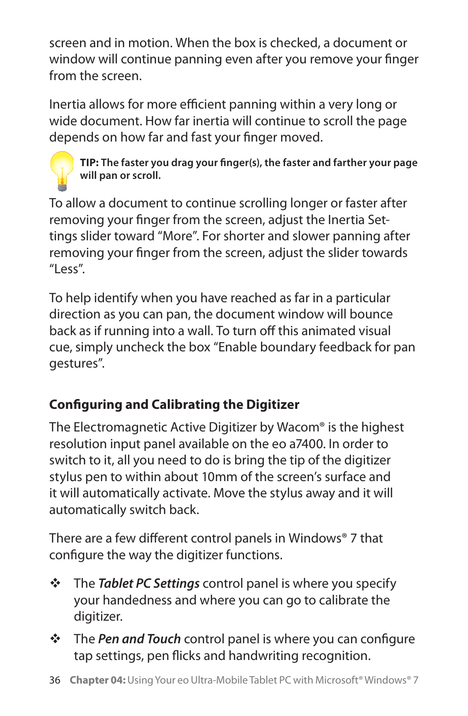 Configuring and calibrating the digitizer | TabletKiosk eo a7400 User Manual | Page 54 / 128
