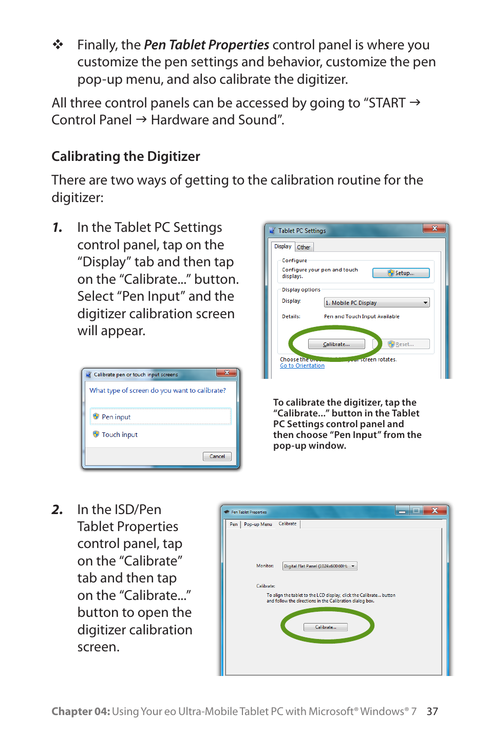 Calibrating the digitizer | TabletKiosk eo a7400 User Manual | Page 55 / 128