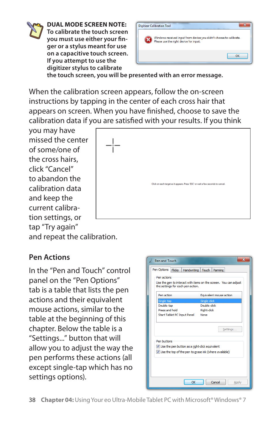 Pen actions | TabletKiosk eo a7400 User Manual | Page 56 / 128