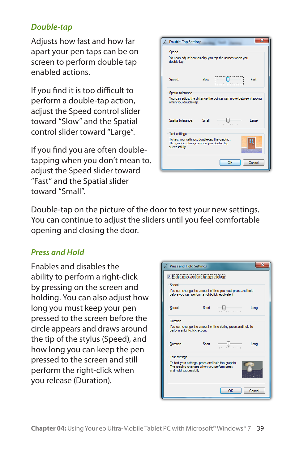 Double-tap, Press and hold, Double-tap 39 press and hold | TabletKiosk eo a7400 User Manual | Page 57 / 128