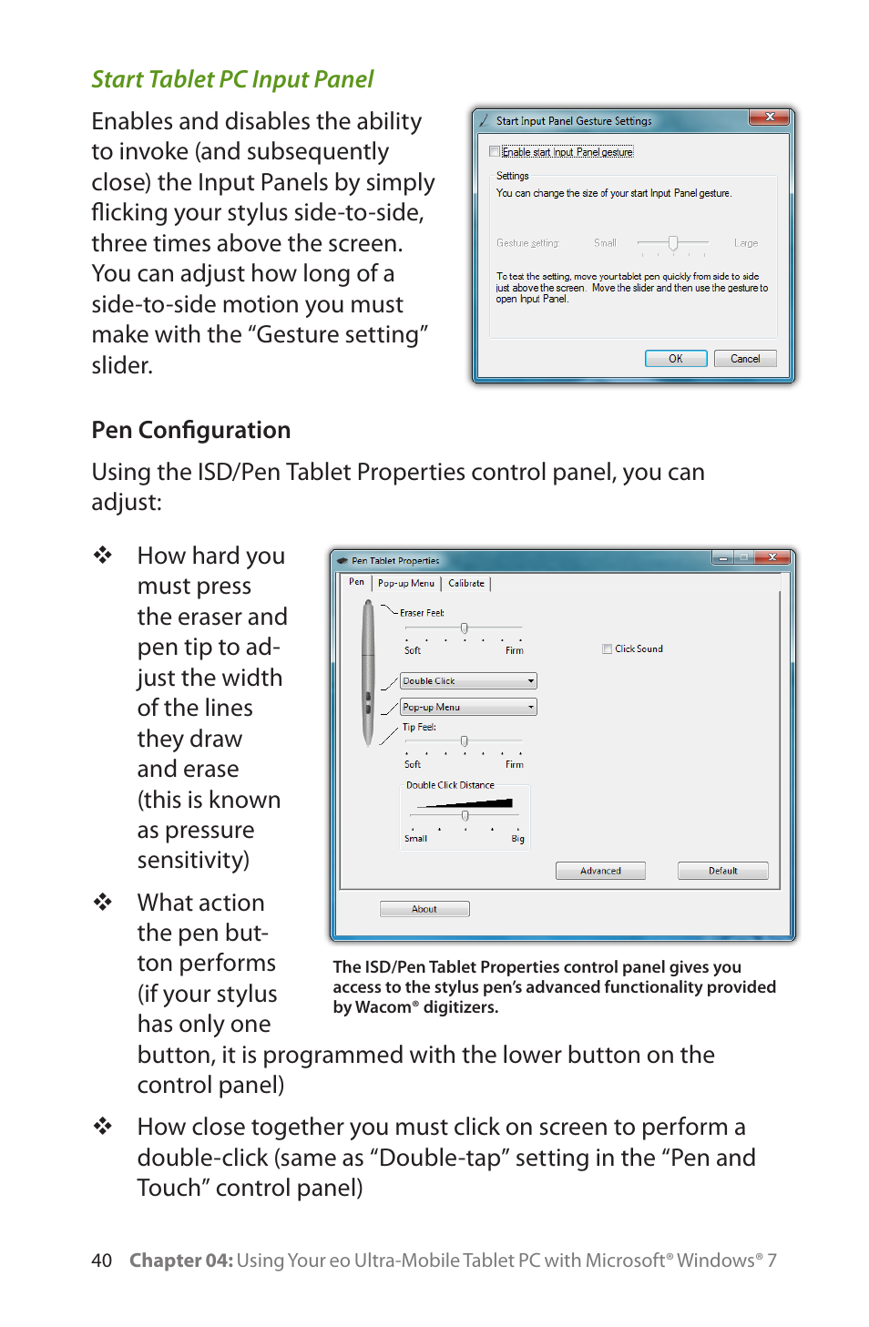 Start tablet pc input panel, Pen configuration | TabletKiosk eo a7400 User Manual | Page 58 / 128