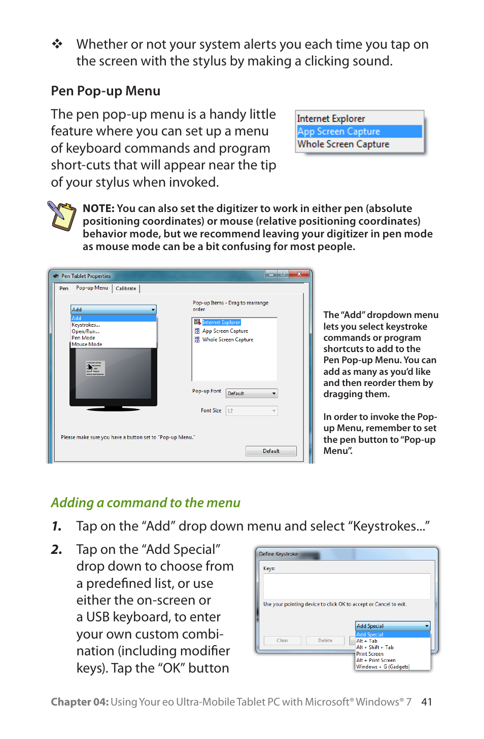 Pen pop-up menu, Adding a command to the menu | TabletKiosk eo a7400 User Manual | Page 59 / 128