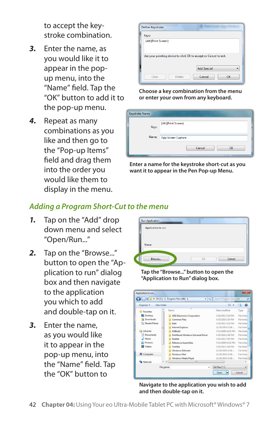 Adding a program short-cut to the menu | TabletKiosk eo a7400 User Manual | Page 60 / 128