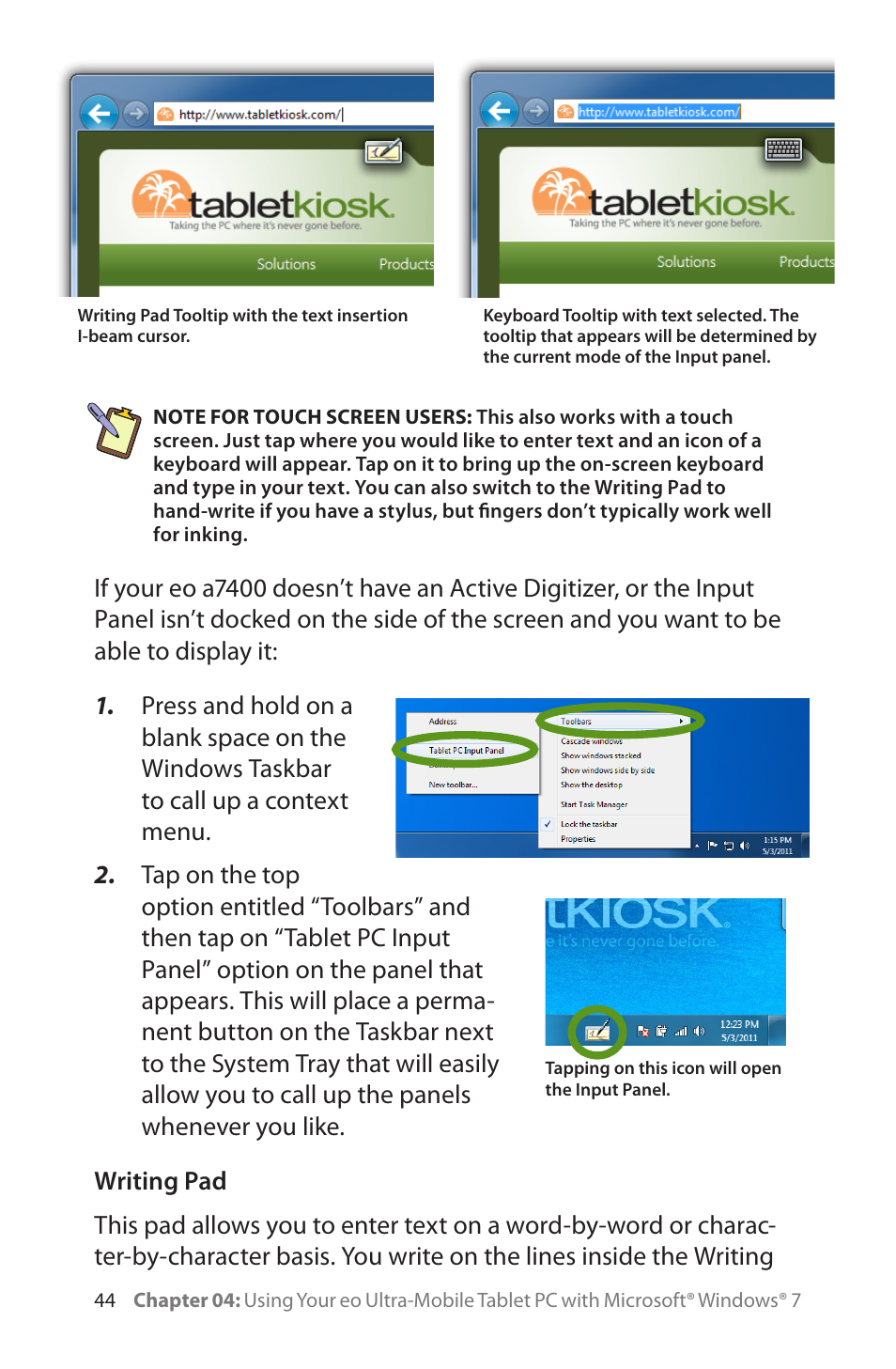 Writing pad | TabletKiosk eo a7400 User Manual | Page 62 / 128