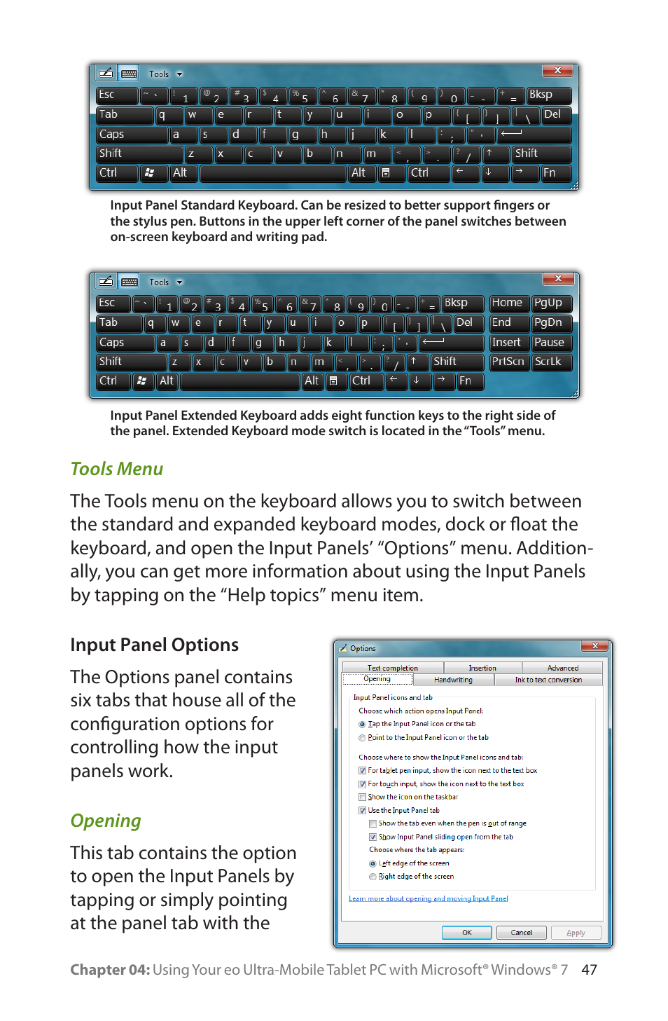 Tools menu, Input panel options, Opening | Opening 47 | TabletKiosk eo a7400 User Manual | Page 65 / 128
