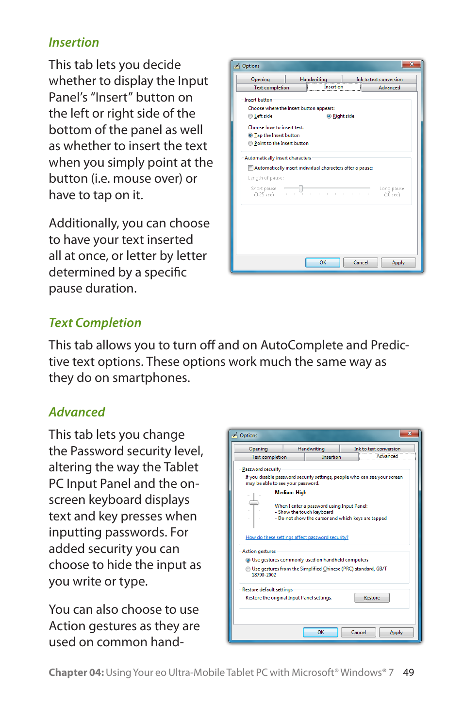 Insertion, Text completion, Advanced | Insertion 49 text completion, Advanced 49 | TabletKiosk eo a7400 User Manual | Page 67 / 128