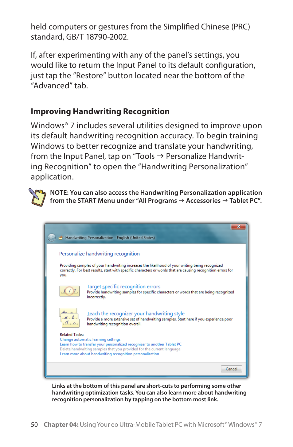 Improving handwriting recognition | TabletKiosk eo a7400 User Manual | Page 68 / 128