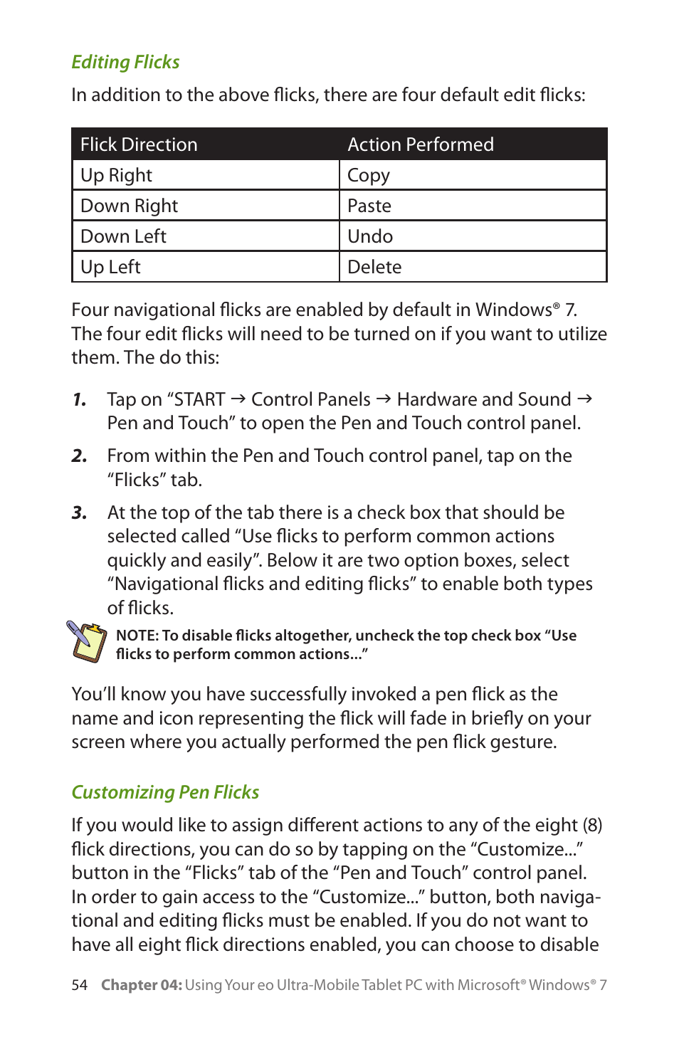Editing flicks, Customizing pen flicks | TabletKiosk eo a7400 User Manual | Page 72 / 128