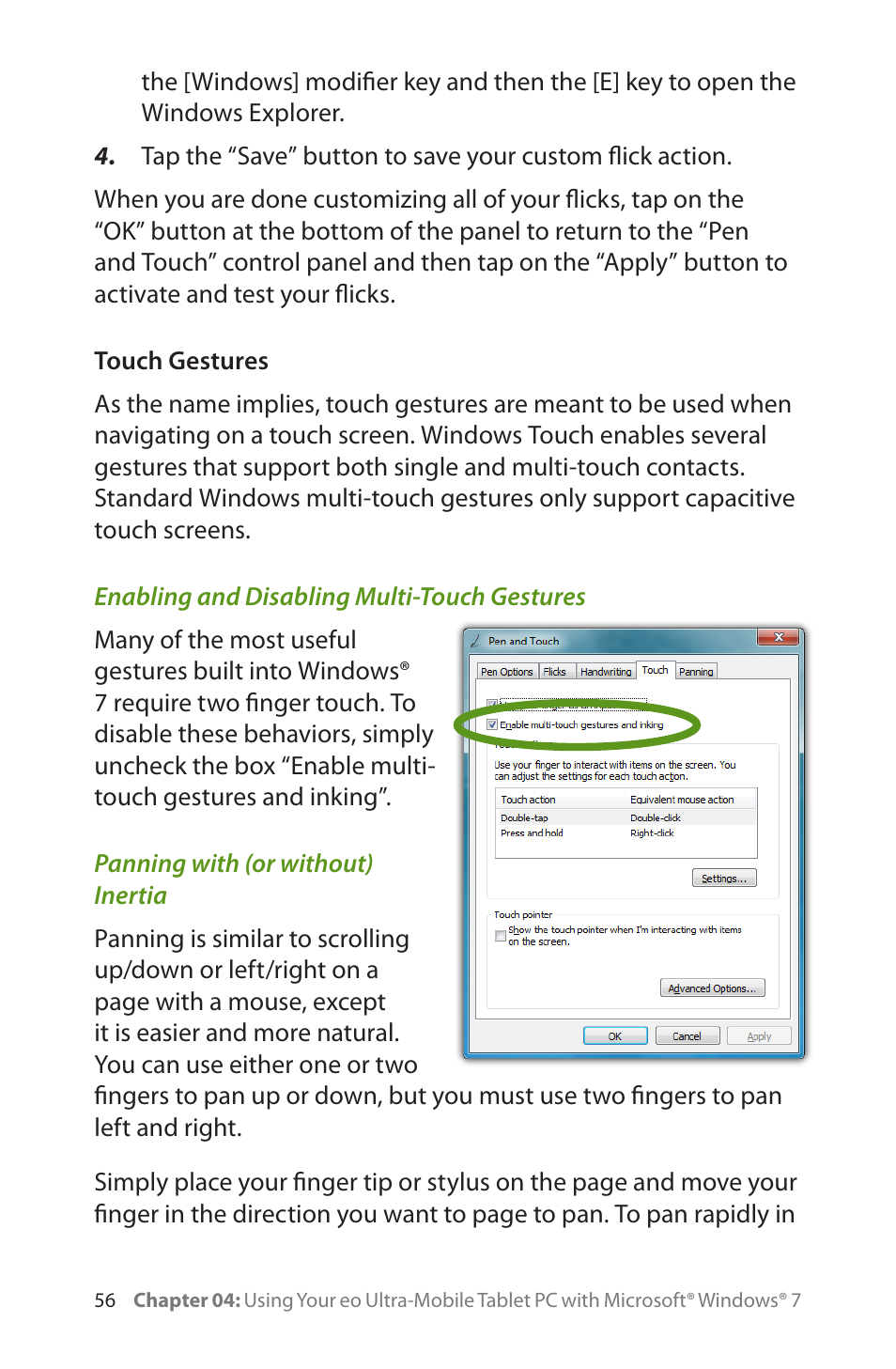 Touch gestures, Enabling and disabling multi-touch gestures, Panning with (or without) inertia | TabletKiosk eo a7400 User Manual | Page 74 / 128