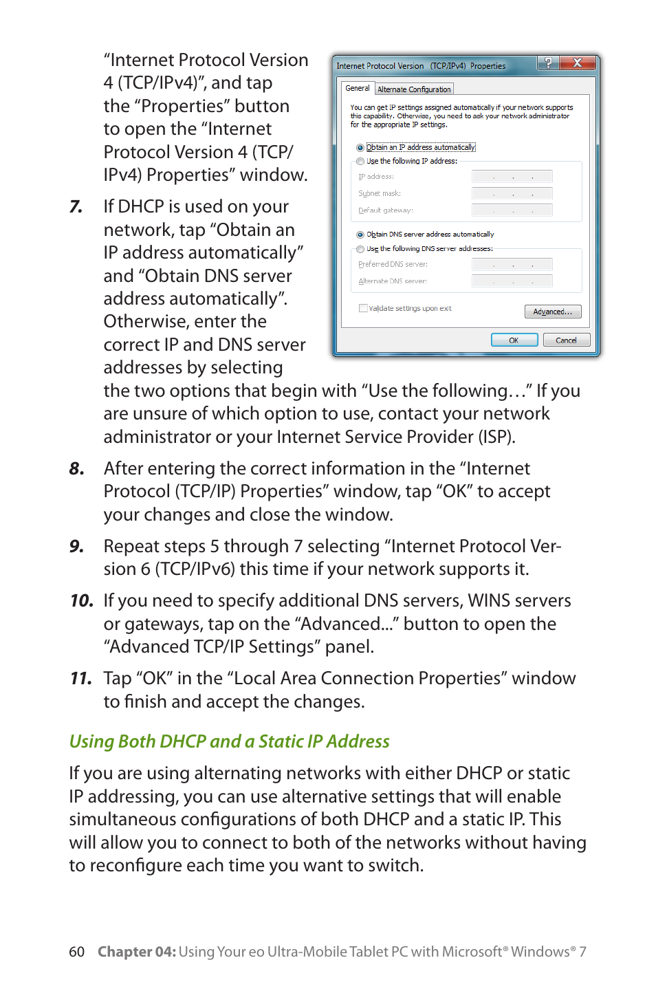 Using both dhcp and a static ip address | TabletKiosk eo a7400 User Manual | Page 78 / 128