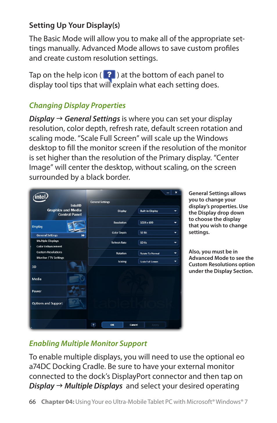 Setting up your display(s), Changing display properties, Enabling multiple monitor support | TabletKiosk eo a7400 User Manual | Page 84 / 128