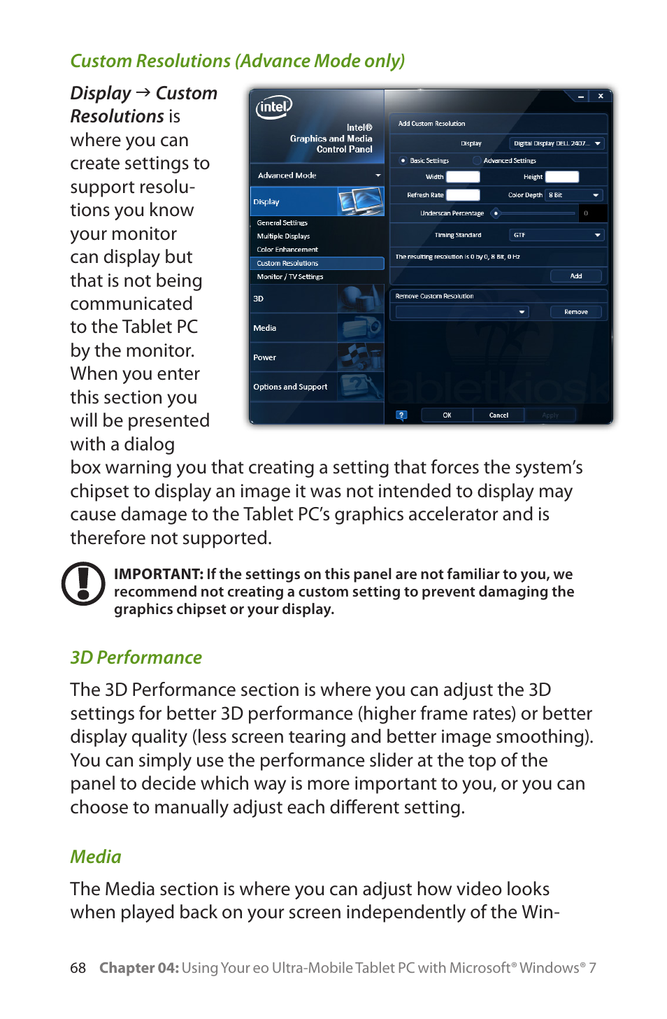 Custom resolutions (advance mode only), 3d performance, Media | Media 68 | TabletKiosk eo a7400 User Manual | Page 86 / 128