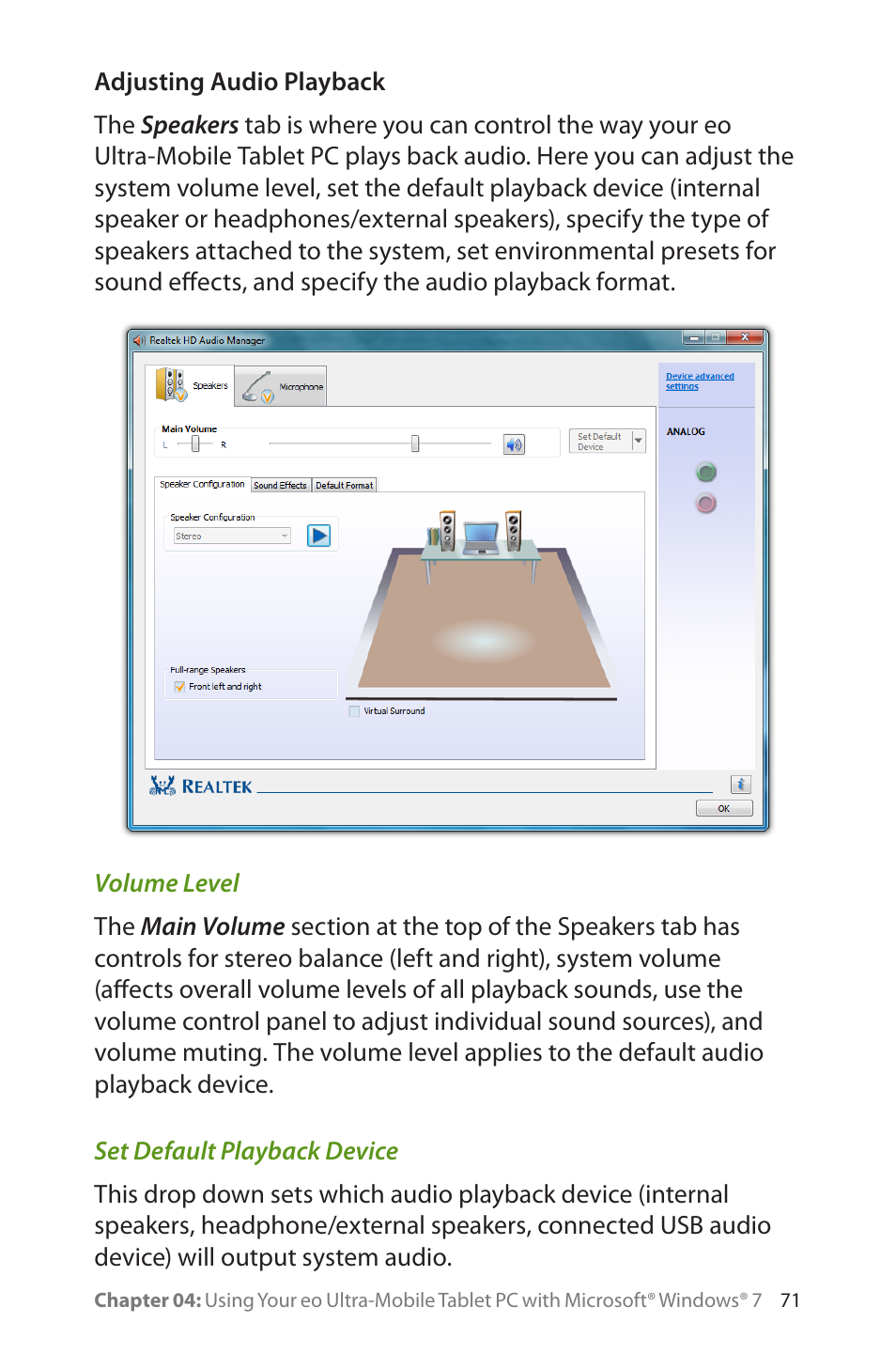 Adjusting audio playback, Volume level, Set default playback device | TabletKiosk eo a7400 User Manual | Page 89 / 128