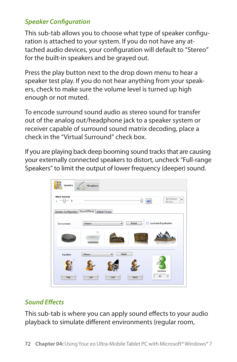 Speaker configuration, Sound effects | TabletKiosk eo a7400 User Manual | Page 90 / 128