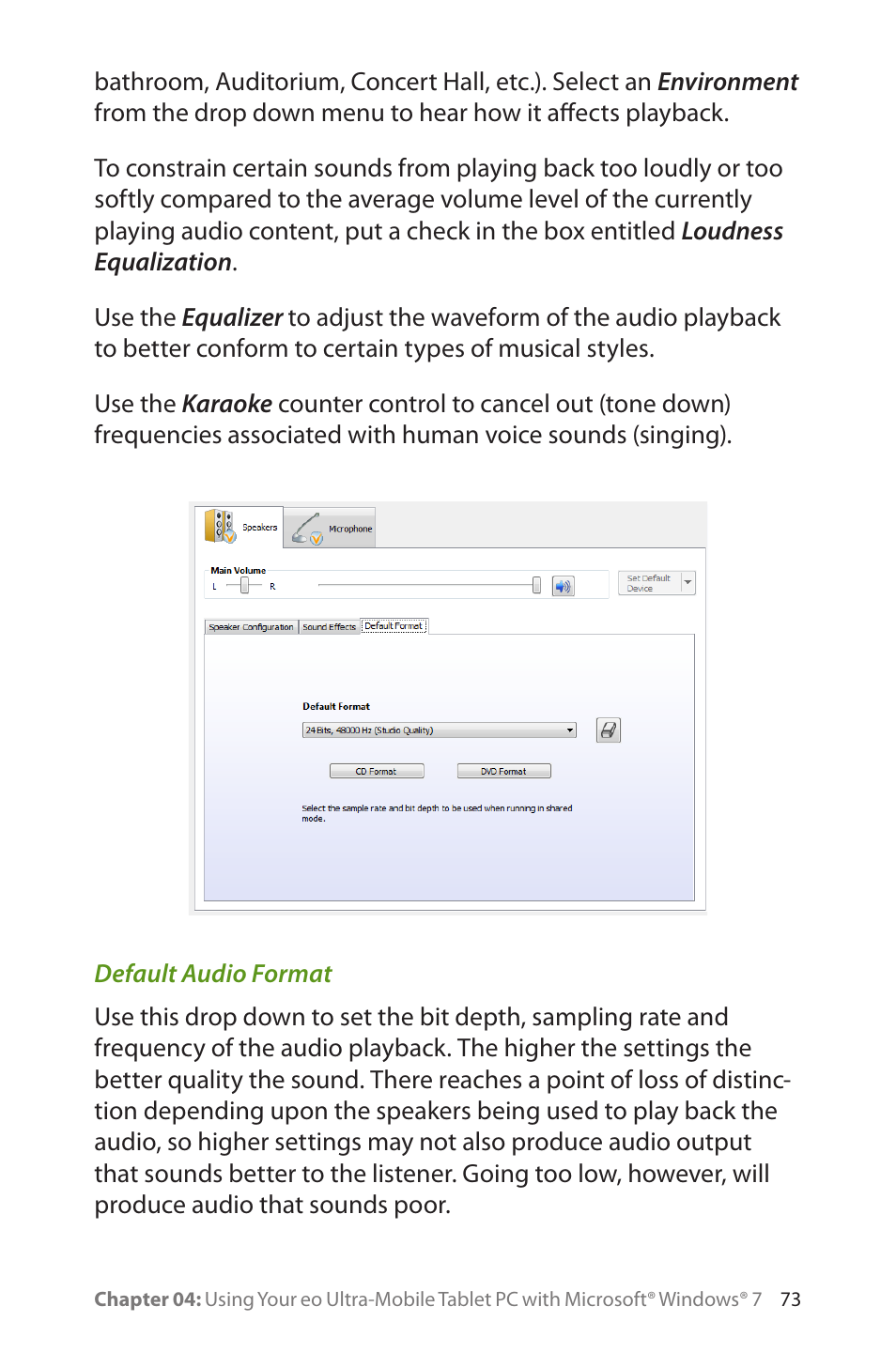 Default audio format | TabletKiosk eo a7400 User Manual | Page 91 / 128