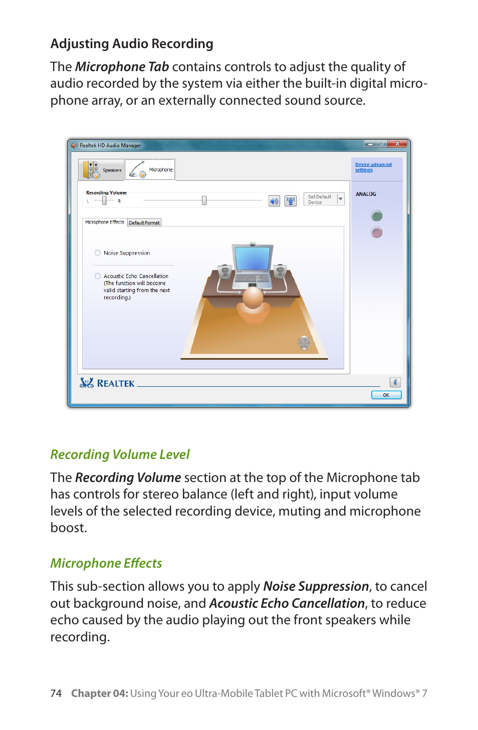 Adjusting audio recording, Recording volume level, Microphone effects | TabletKiosk eo a7400 User Manual | Page 92 / 128