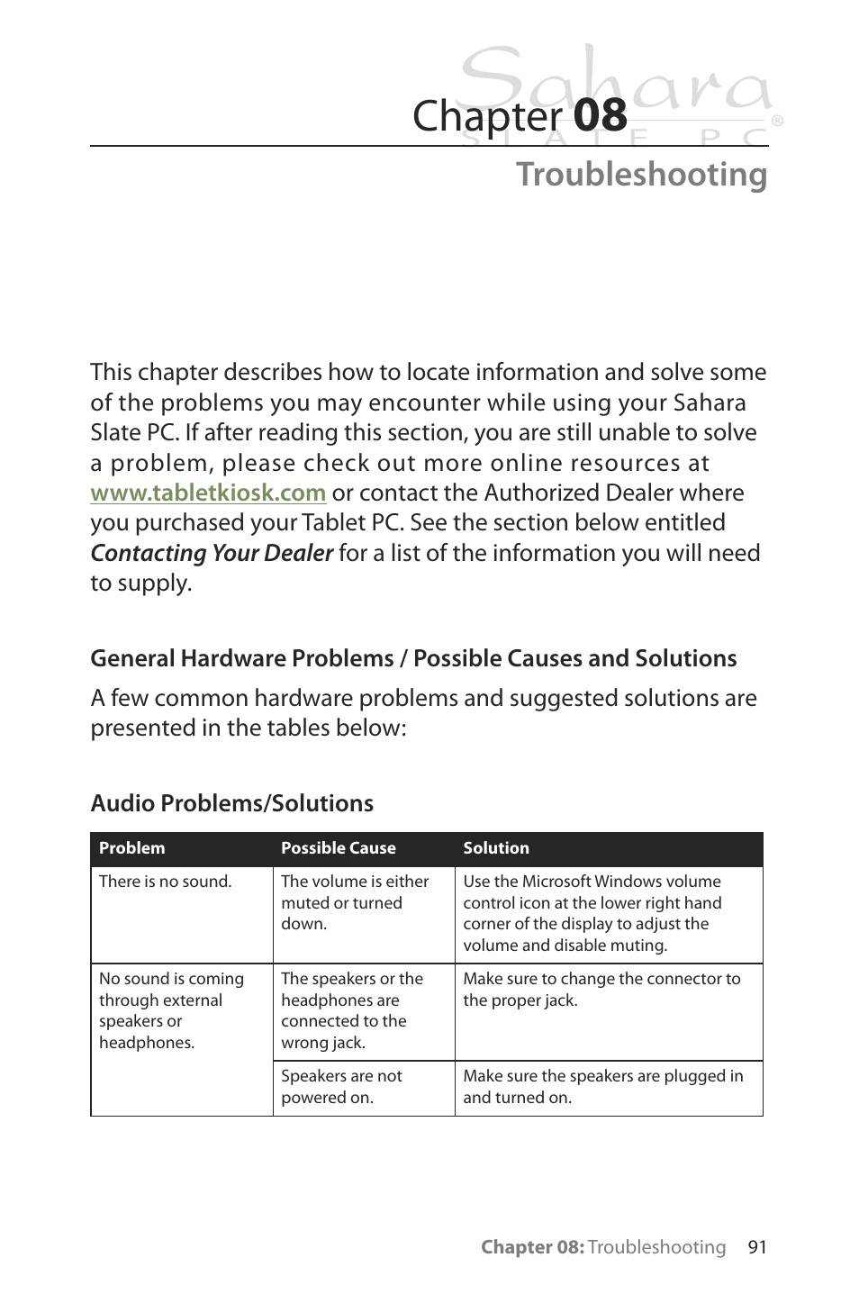 Audio problems/solutions, Chapter, Troubleshooting | TabletKiosk Sahara Slate PC i400 Series User Manual | Page 106 / 124