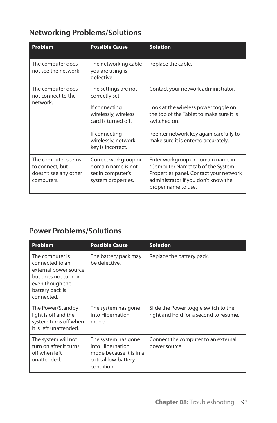 Networking problems/solutions, Power problems/solutions | TabletKiosk Sahara Slate PC i400 Series User Manual | Page 108 / 124