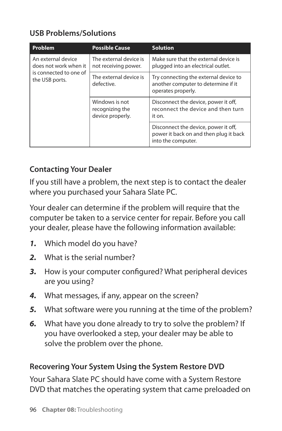Usb problems/solutions, Contacting your dealer | TabletKiosk Sahara Slate PC i400 Series User Manual | Page 111 / 124