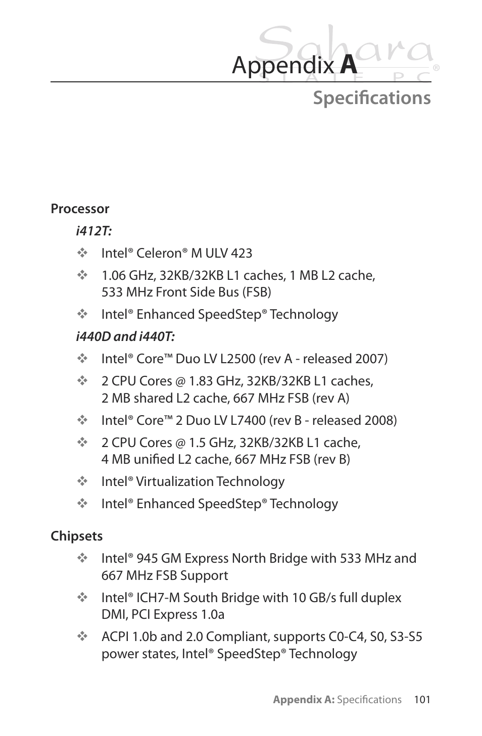 Specifications, Appendix | TabletKiosk Sahara Slate PC i400 Series User Manual | Page 116 / 124