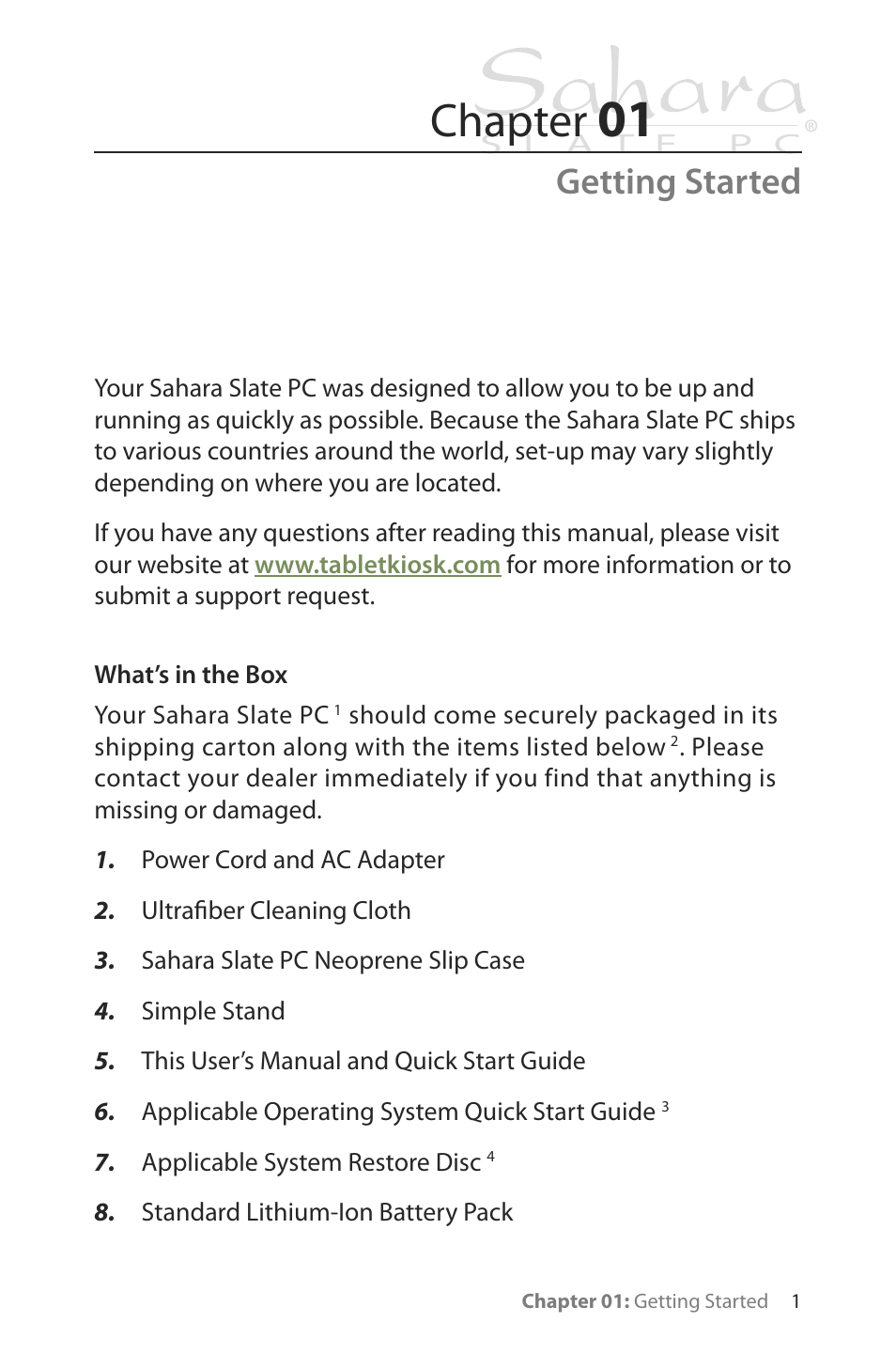 Getting started, What’s in the box, Chapter | TabletKiosk Sahara Slate PC i400 Series User Manual | Page 16 / 124