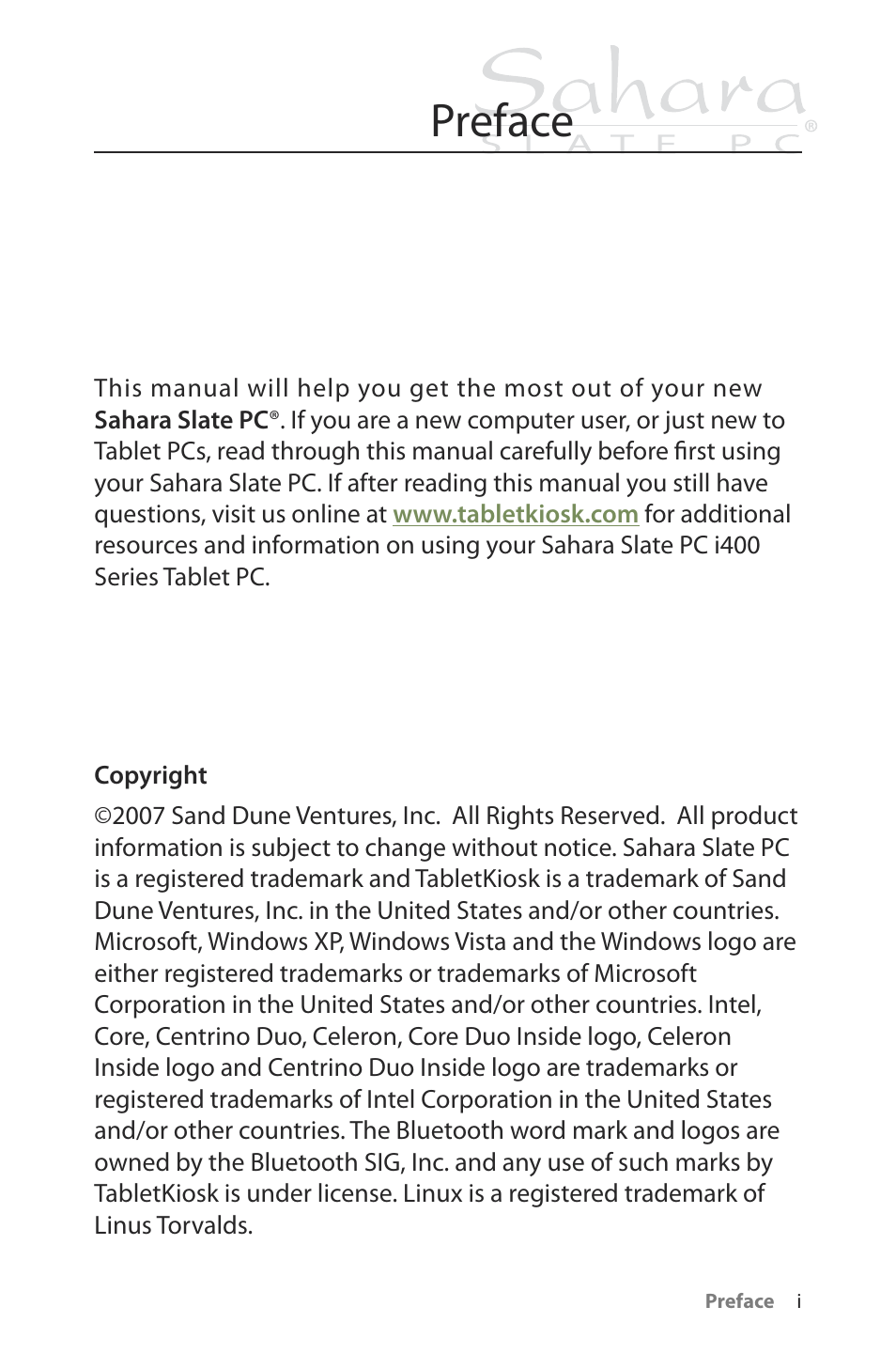 Preface | TabletKiosk Sahara Slate PC i400 Series User Manual | Page 2 / 124
