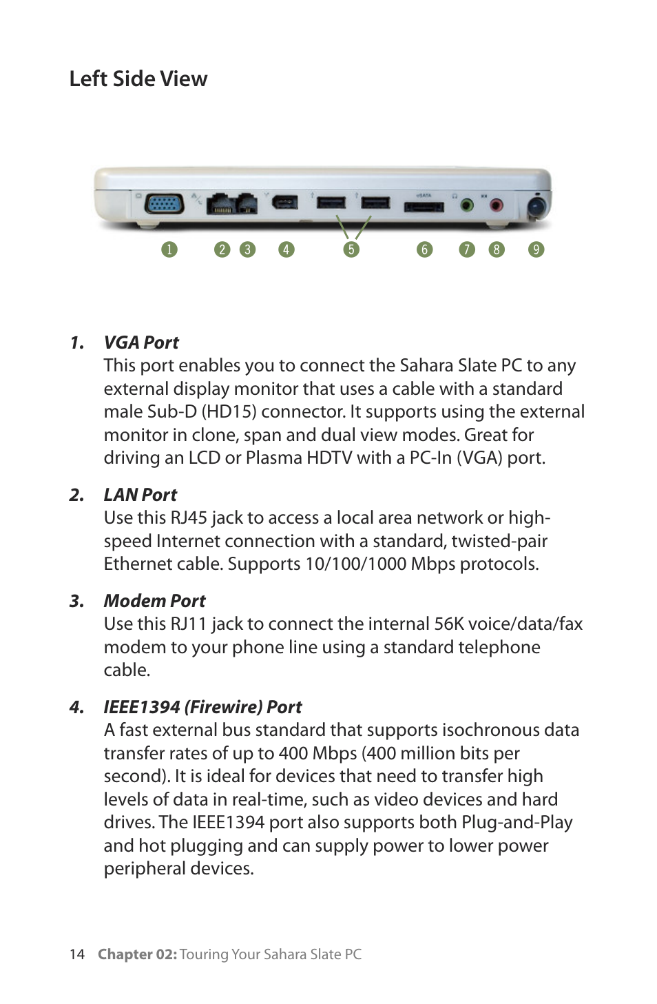 Left side view | TabletKiosk Sahara Slate PC i400 Series User Manual | Page 29 / 124