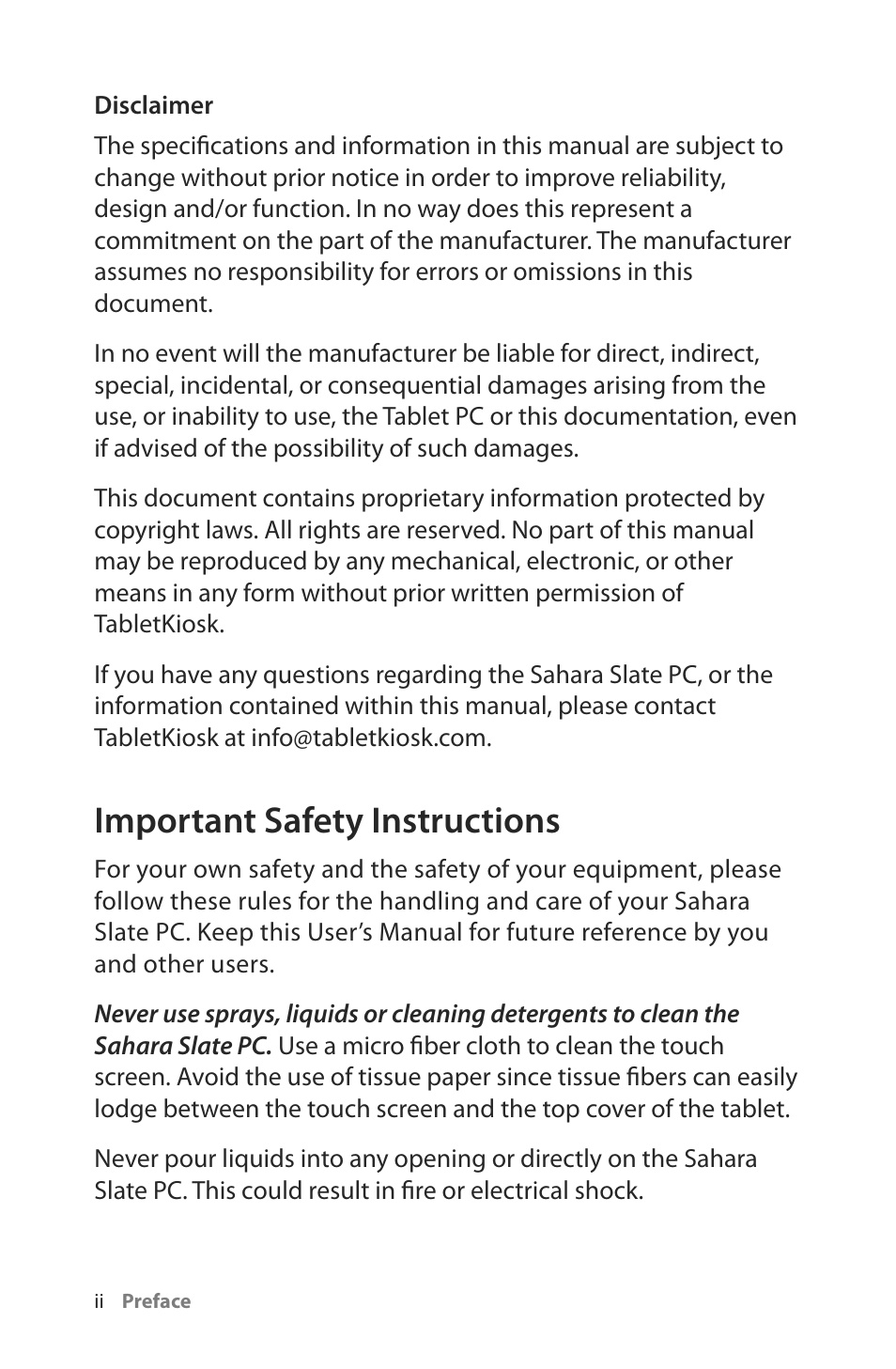 Important safety instructions | TabletKiosk Sahara Slate PC i400 Series User Manual | Page 3 / 124