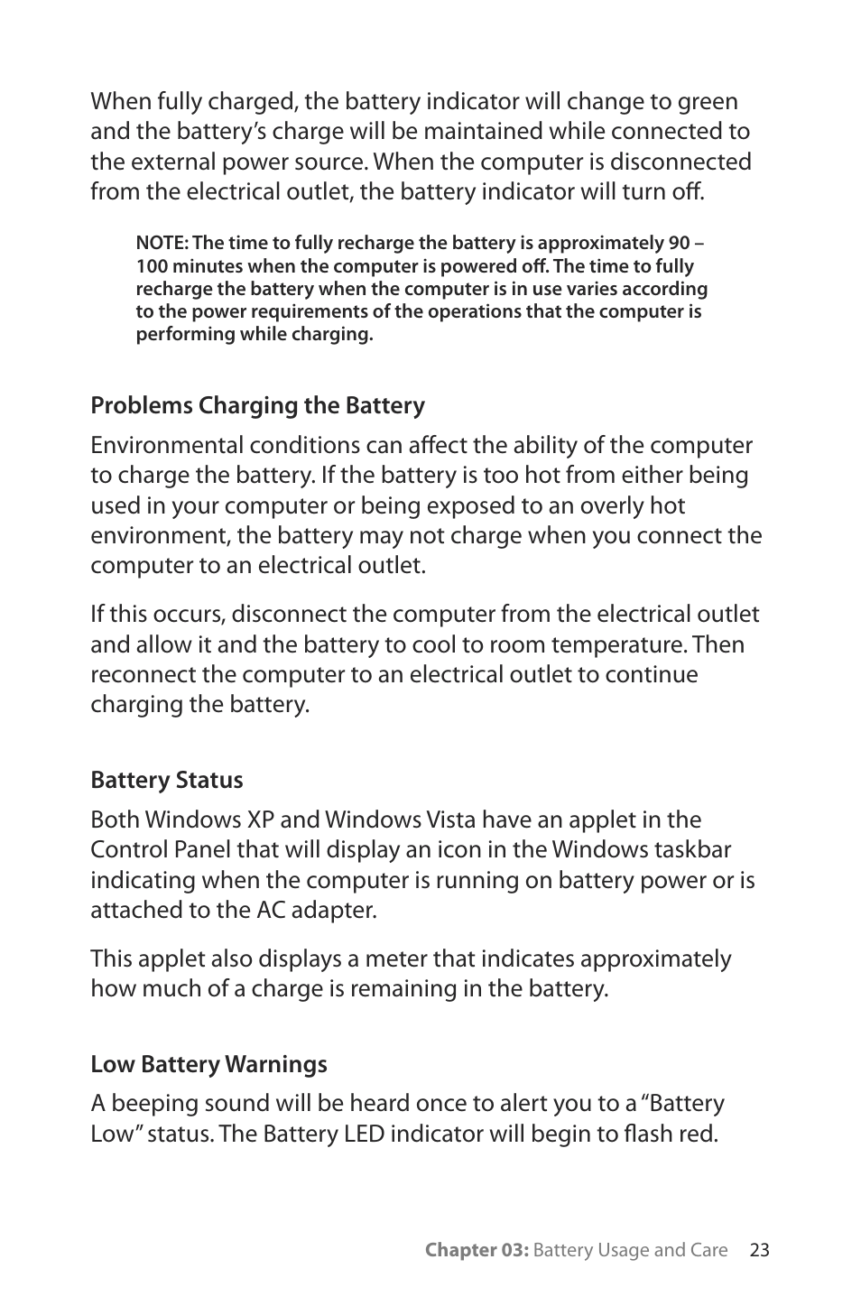 Problems charging the battery, Battery status, Low battery warnings | TabletKiosk Sahara Slate PC i400 Series User Manual | Page 38 / 124