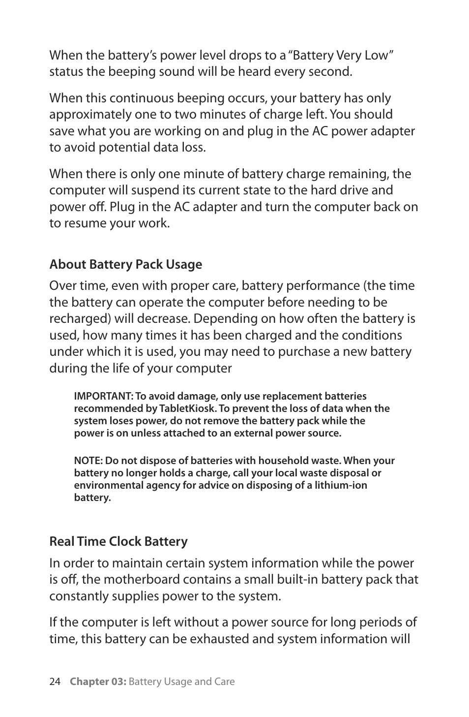 About battery pack usage, Real time clock battery | TabletKiosk Sahara Slate PC i400 Series User Manual | Page 39 / 124