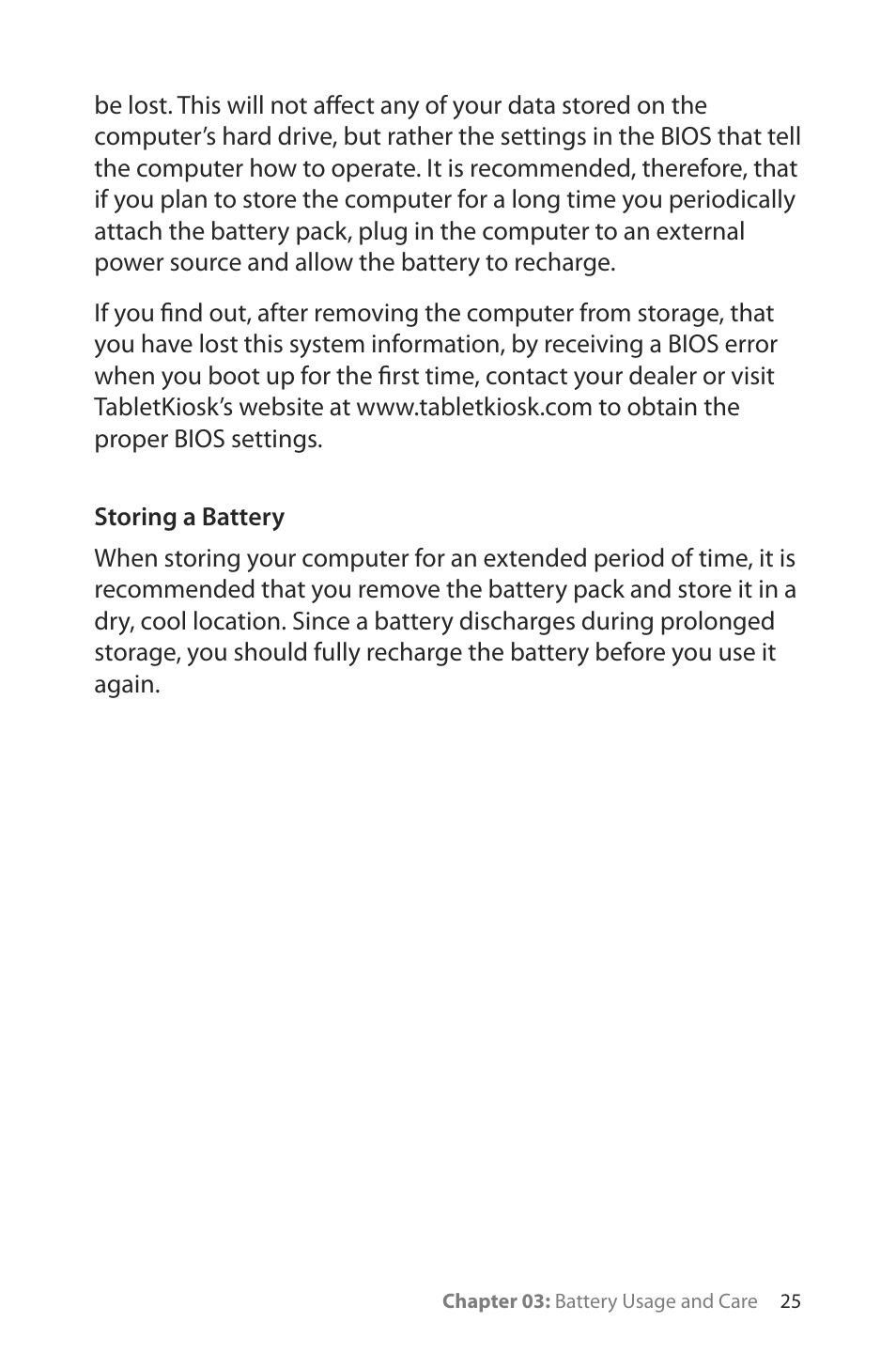 Storing a battery | TabletKiosk Sahara Slate PC i400 Series User Manual | Page 40 / 124