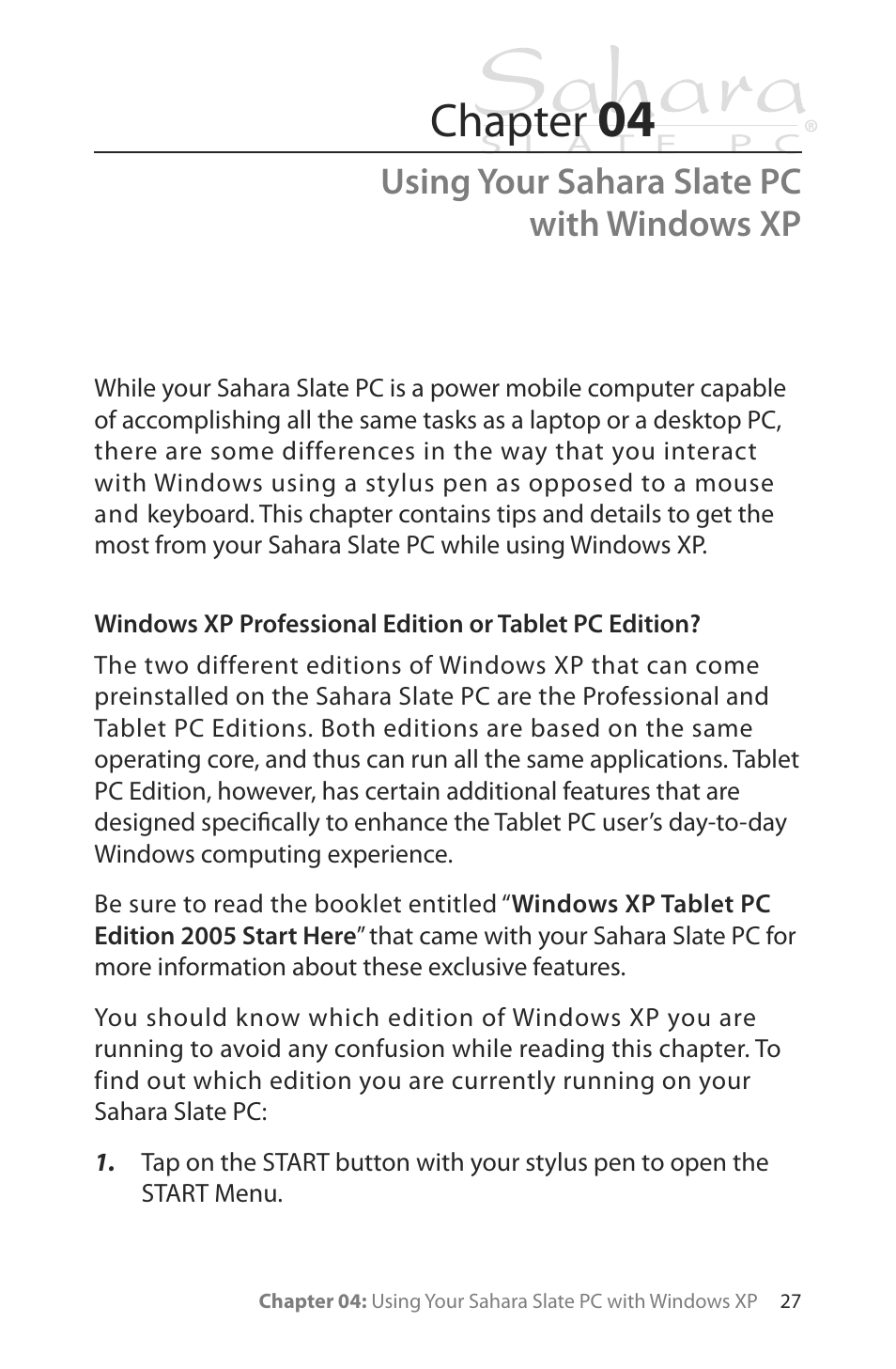 Using your sahara slate pc with windows xp, Chapter | TabletKiosk Sahara Slate PC i400 Series User Manual | Page 42 / 124