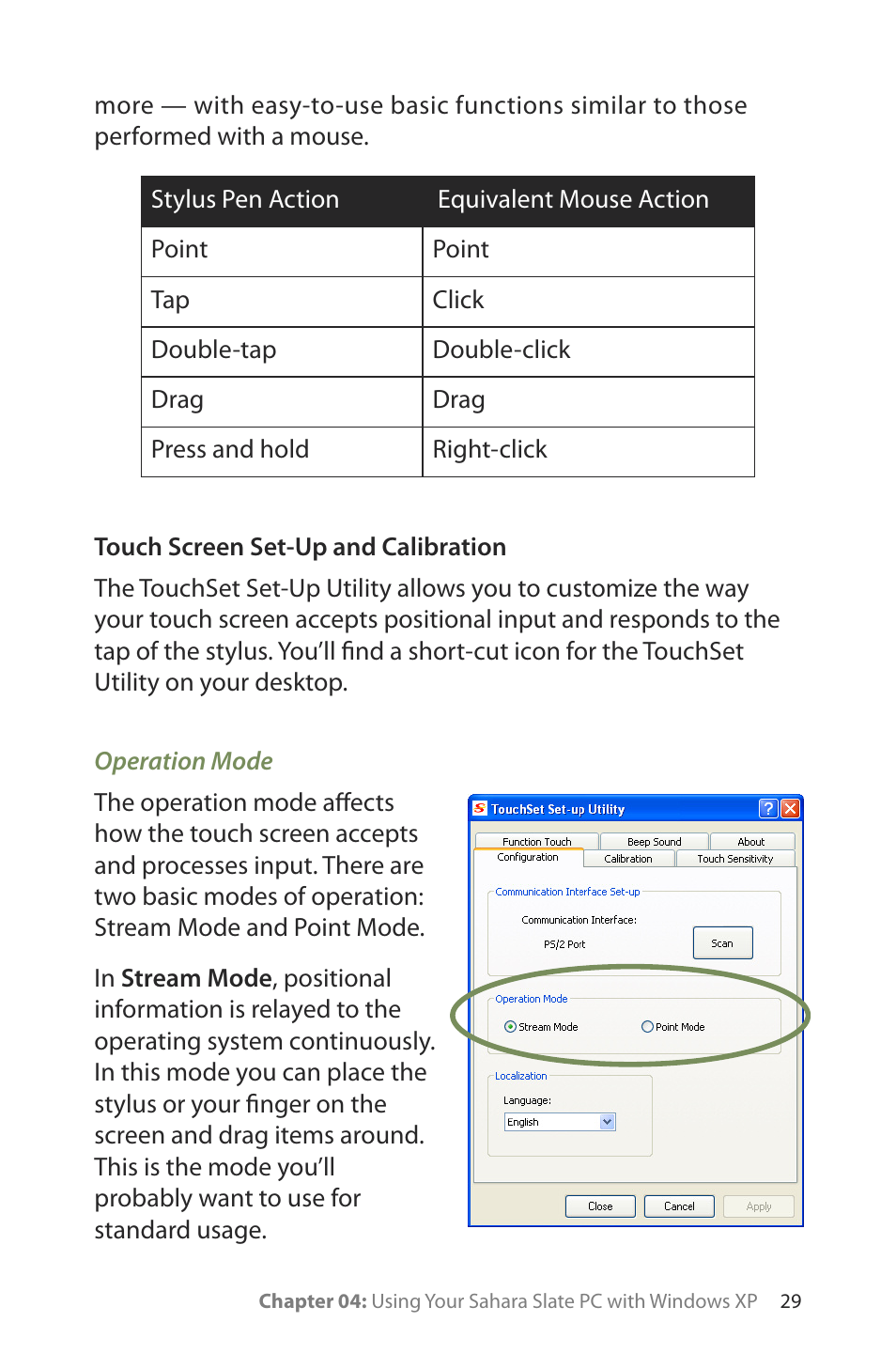 Touch screen set-up and calibration, Operation mode | TabletKiosk Sahara Slate PC i400 Series User Manual | Page 44 / 124