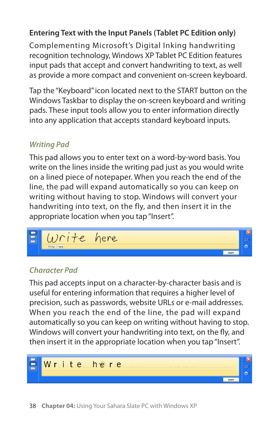 Writing pad, Character pad | TabletKiosk Sahara Slate PC i400 Series User Manual | Page 53 / 124