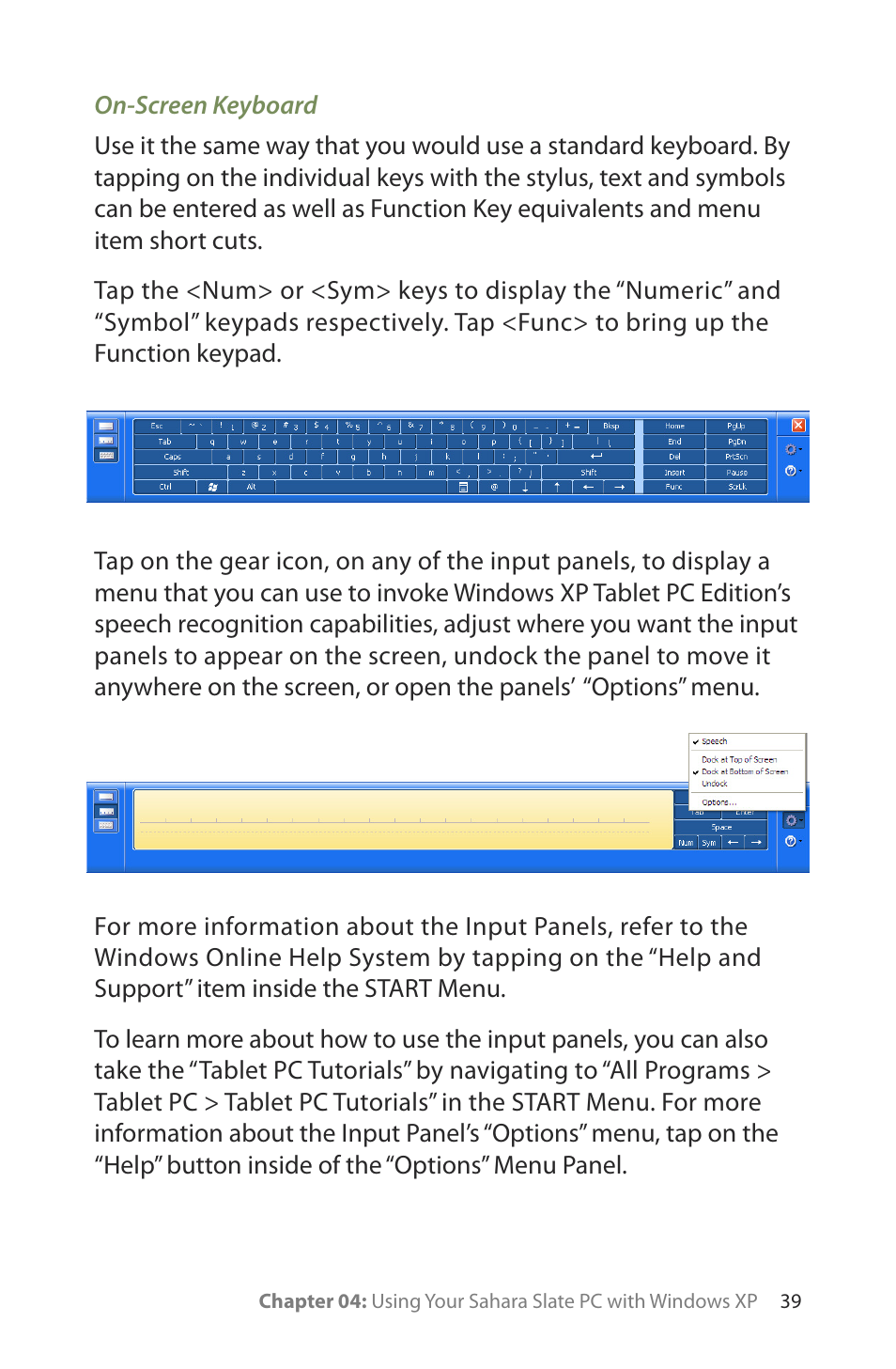 On-screen keyboard | TabletKiosk Sahara Slate PC i400 Series User Manual | Page 54 / 124