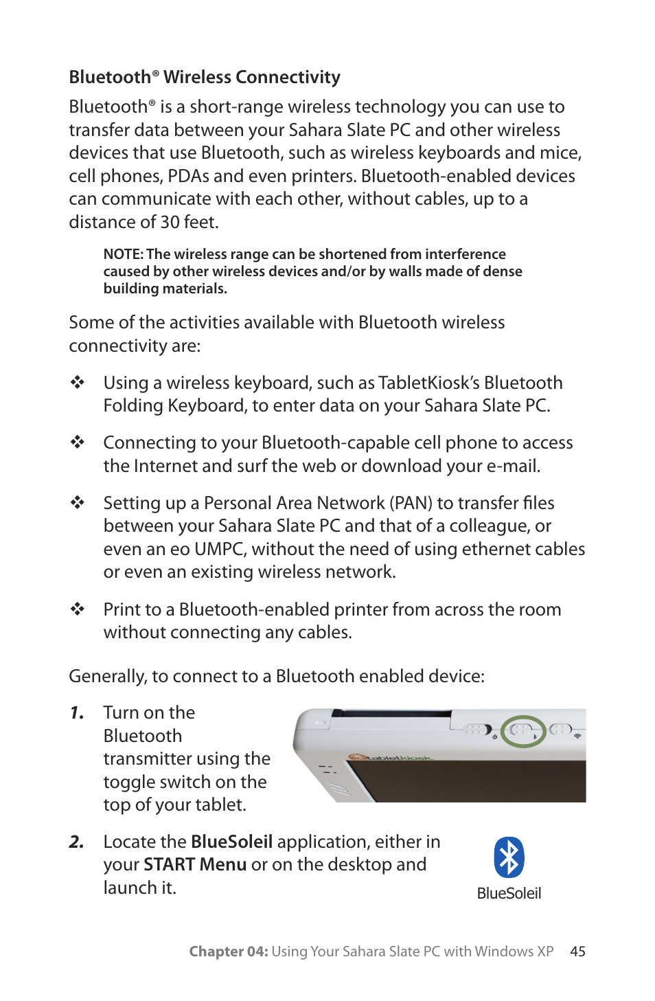 Bluetooth wireless connectivity | TabletKiosk Sahara Slate PC i400 Series User Manual | Page 60 / 124